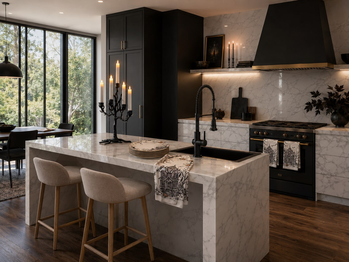 A Moody Halloween Kitchen with Gothic Elegance and Warm Amber Glow
