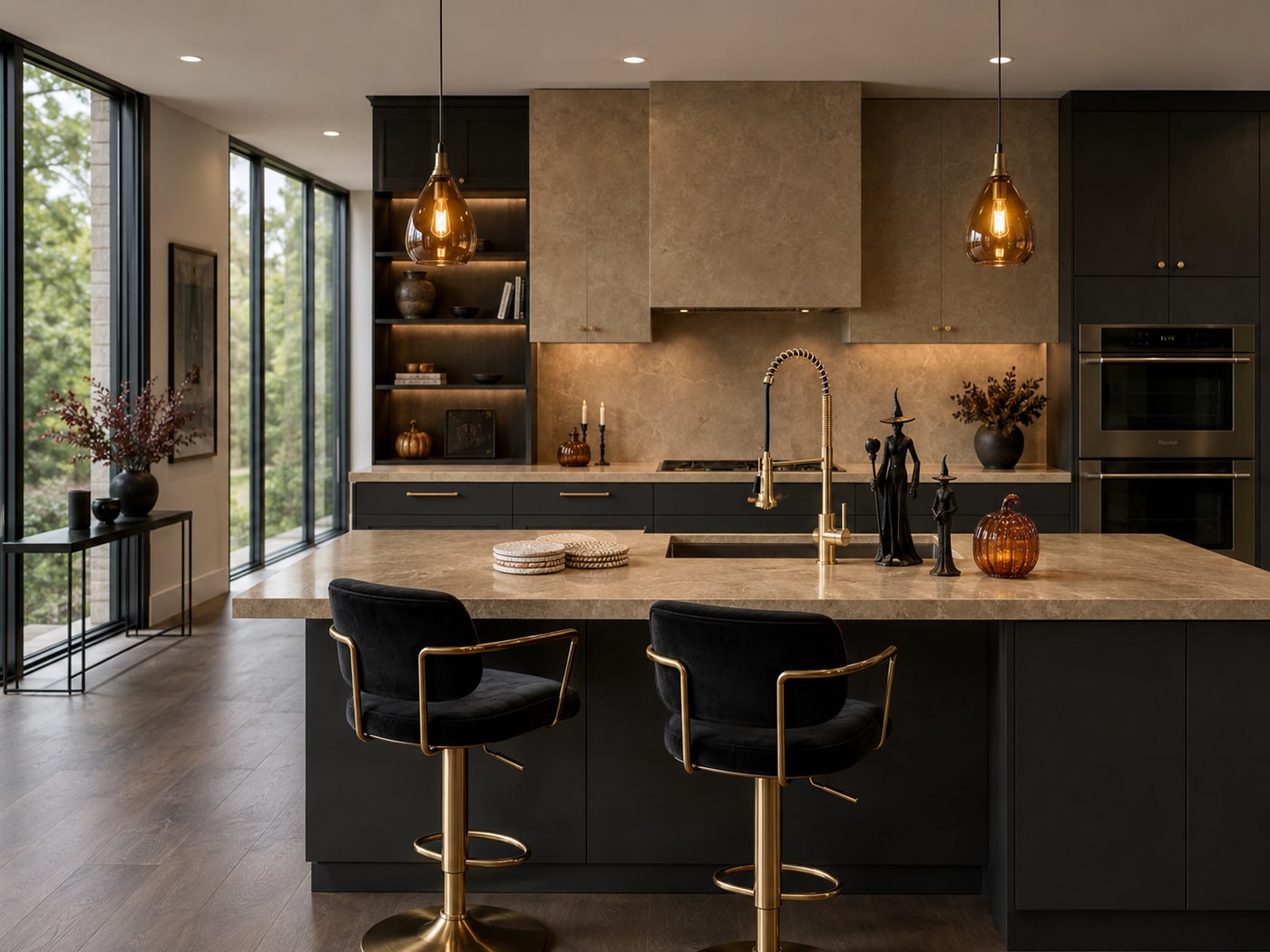 A Moody Halloween Kitchen with Gothic Warmth and Amber Glow