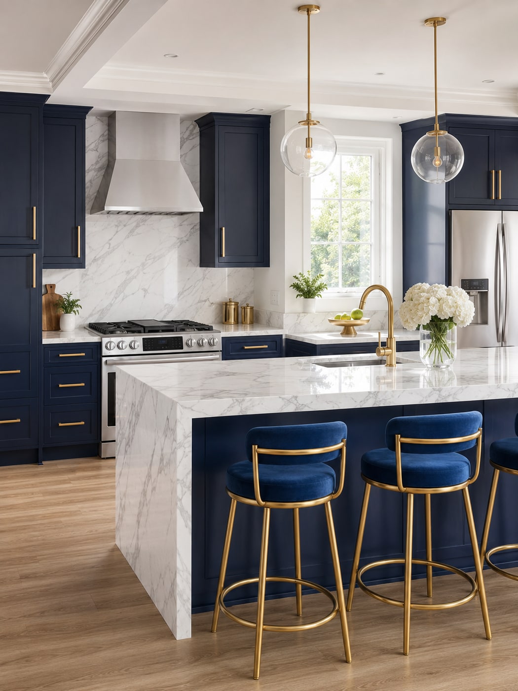 Modern luxe kitchen with navy glossy cabinets, marble countertops, brushed brass hardware, blue velvet counter stools with gold frames, and globe pendant lights, all set against warm wood floors.
