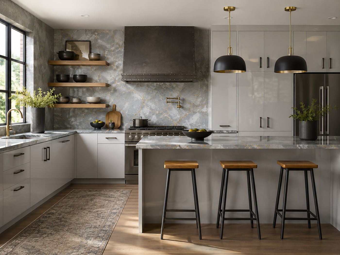 Modern kitchen with glossy grey marble countertops, grey cabinetry, oak and steel bar stools, black and brass dome pendant lights, and warm bronze hardware.