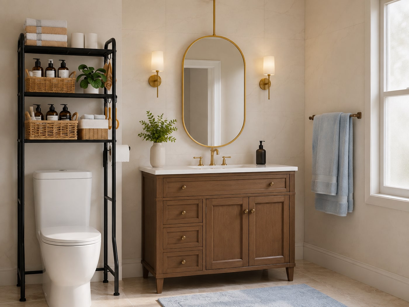 A Refined Modern Industrial Bathroom with Warm Accents