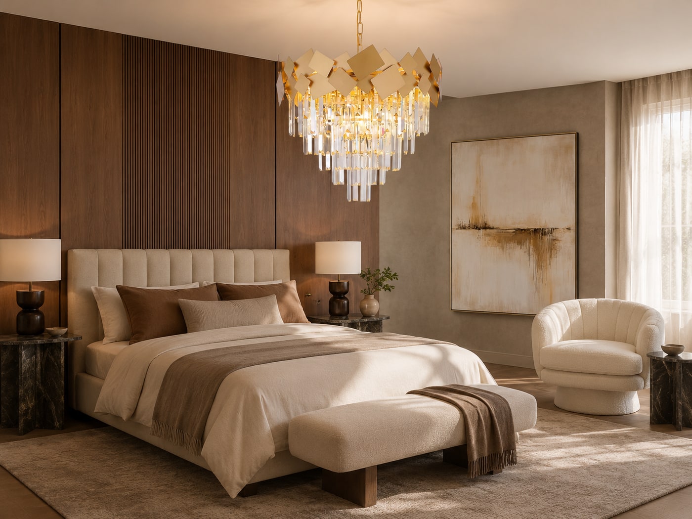 A soft glam bedroom decorated with a sparkling crystal chandelier, green-veined marble accent table, plush curved sherpa chair, and abstract gold-accented artwork on a neutral wall