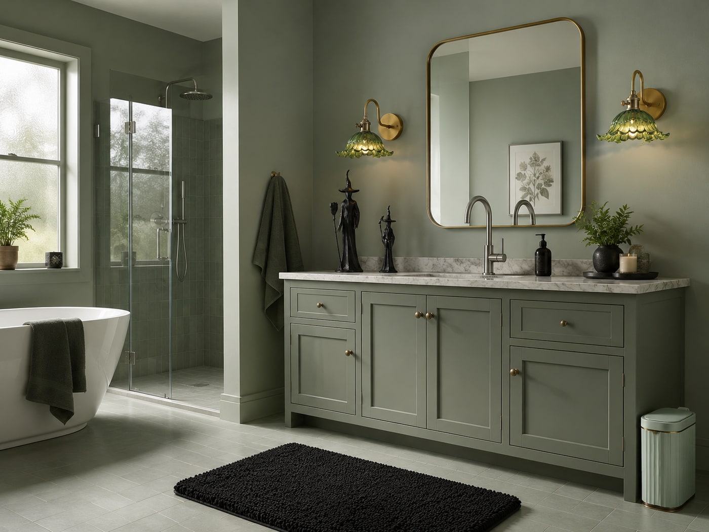 Modern bathroom with green vanity, slim green trash can, vintage lily sconces, soft black bath rugs, and bronze sculptural decor