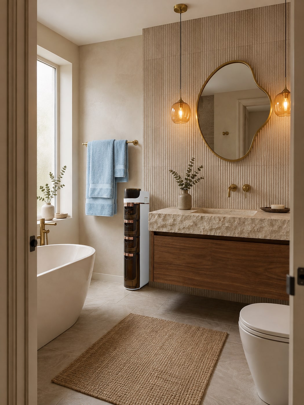 A Serene Contemporary Organic Minimalist Bathroom with Brass Accents