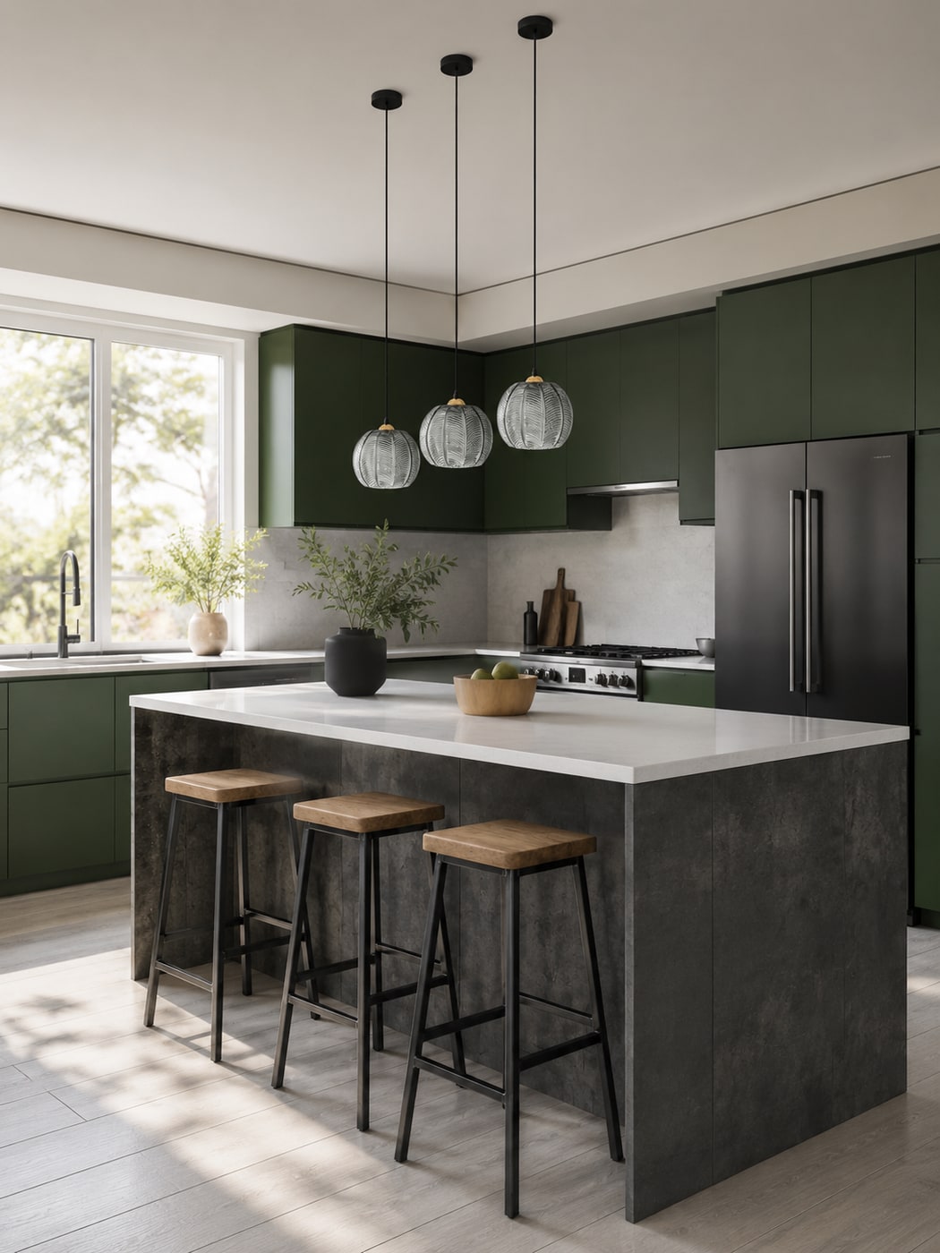 A Serene Modern Minimal Kitchen with Deep Green Cabinets
