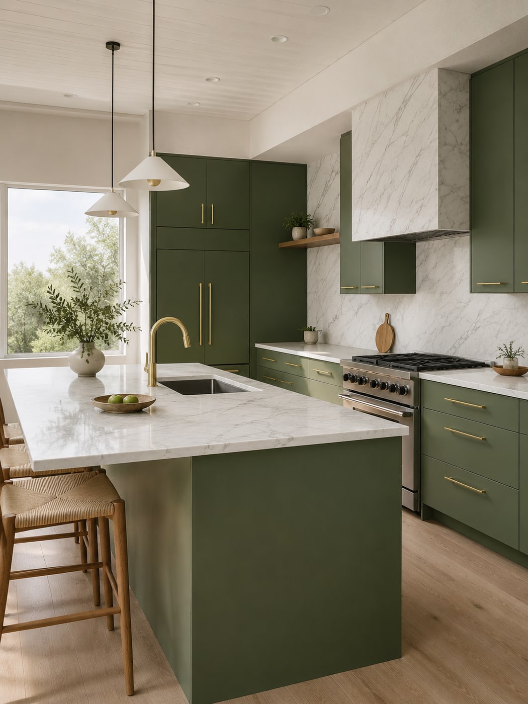 A Serene Modern Minimalist Kitchen with Glossy Marble and Brass