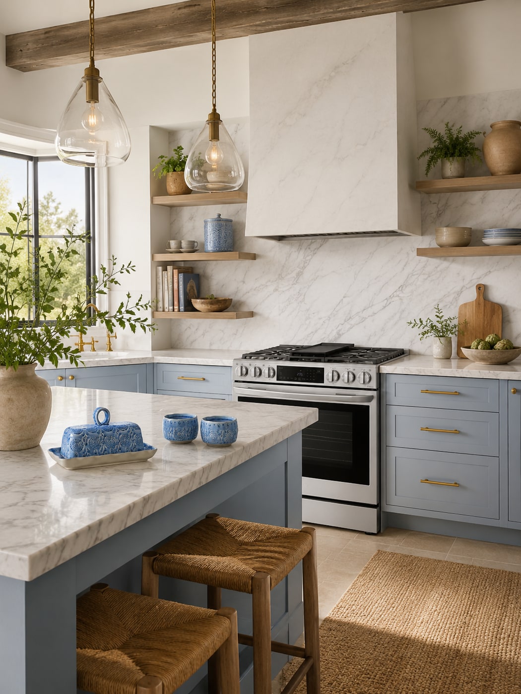 Modern rustic Mediterranean kitchen with Wedgewood blue cabinets, natural wood open shelves, woven stools, marble-look countertops, and handcrafted ceramics.