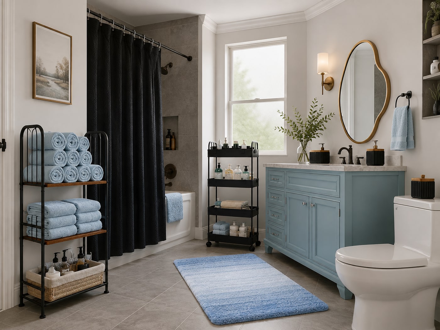 A Serene Modern Soft Coastal Bathroom with Warm Brass Touches