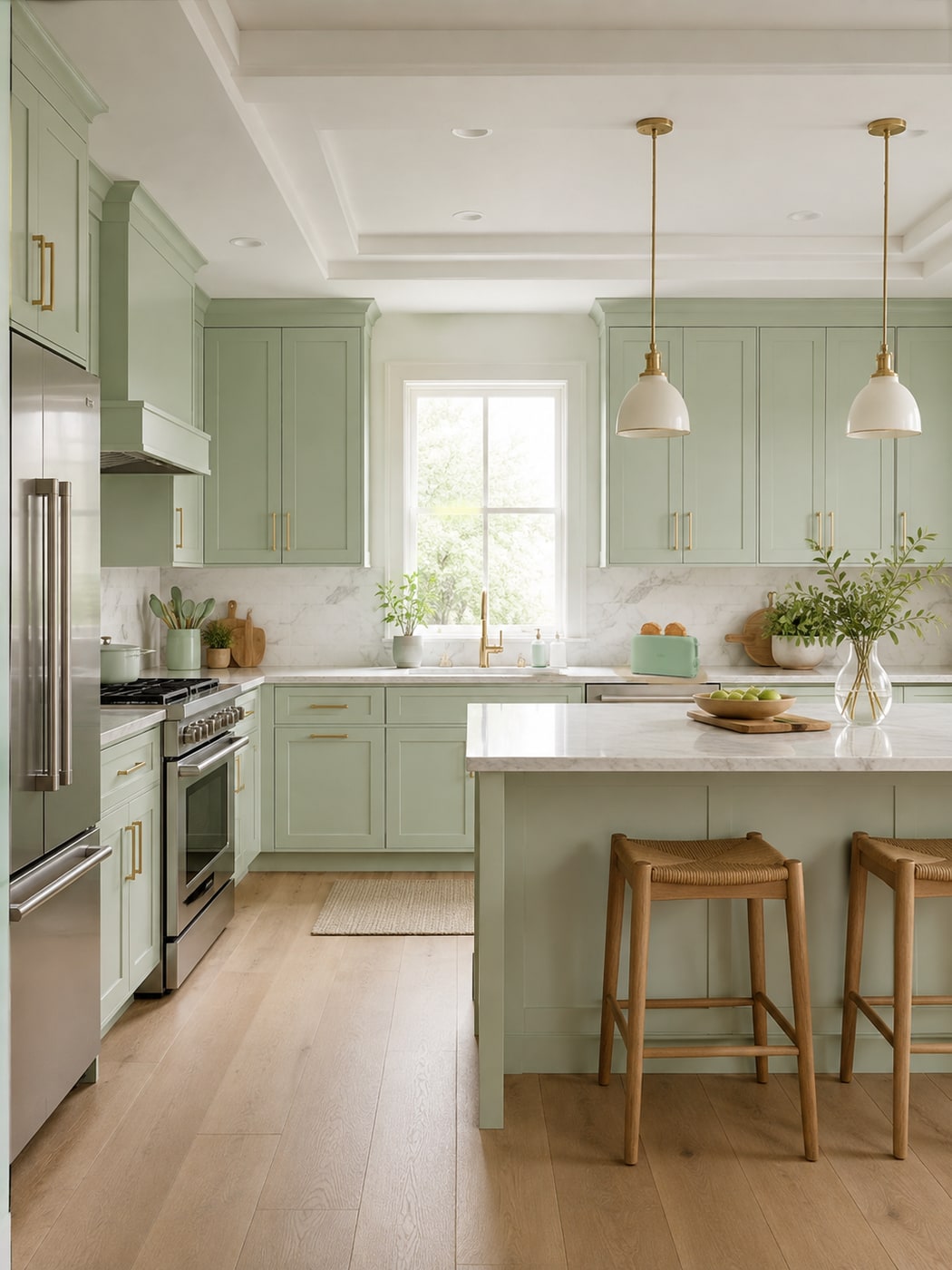 A Serene Soft Modern Farmhouse Kitchen in Sage and Brass