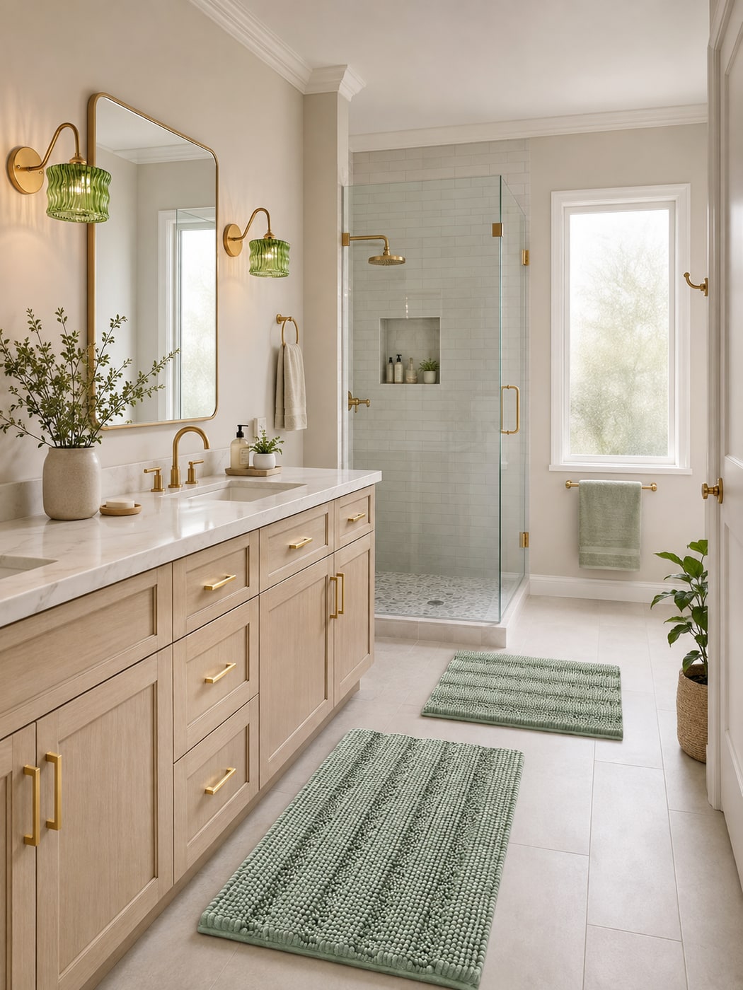 Bright serene bathroom with light wood cabinets, brushed gold hardware, sage chenille rugs, vintage green sconces, and a glass shower