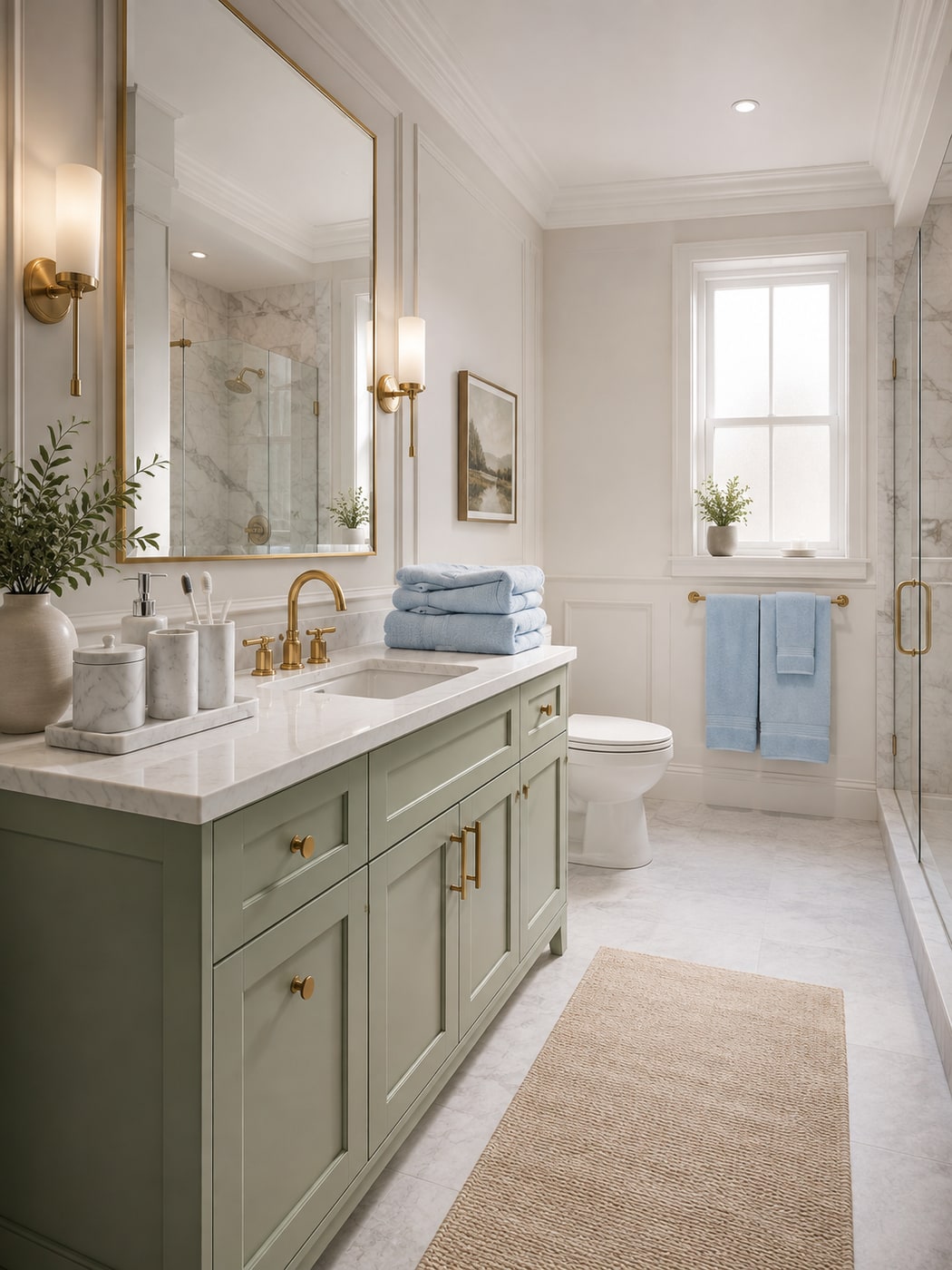 Bathroom with a sage green vanity, marble accessories, and pale blue towels creating a soothing and stylish atmosphere
