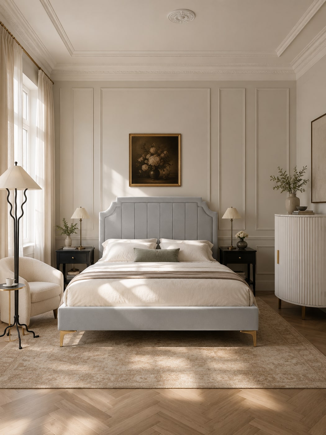 Softly elegant bedroom with a sculpted velvet gray platform bed, wavy black metal floor lamps with silk shades, a fluted white corner cabinet with gold accents, and layered creamy neutral decor.