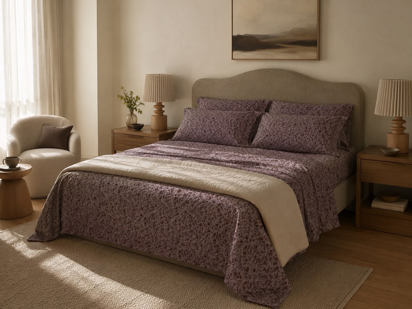 Transitional bedroom with mauve floral bedding, curved bouclé headboard, oak nightstands with pleated lamps, jute rug, and neutral walls