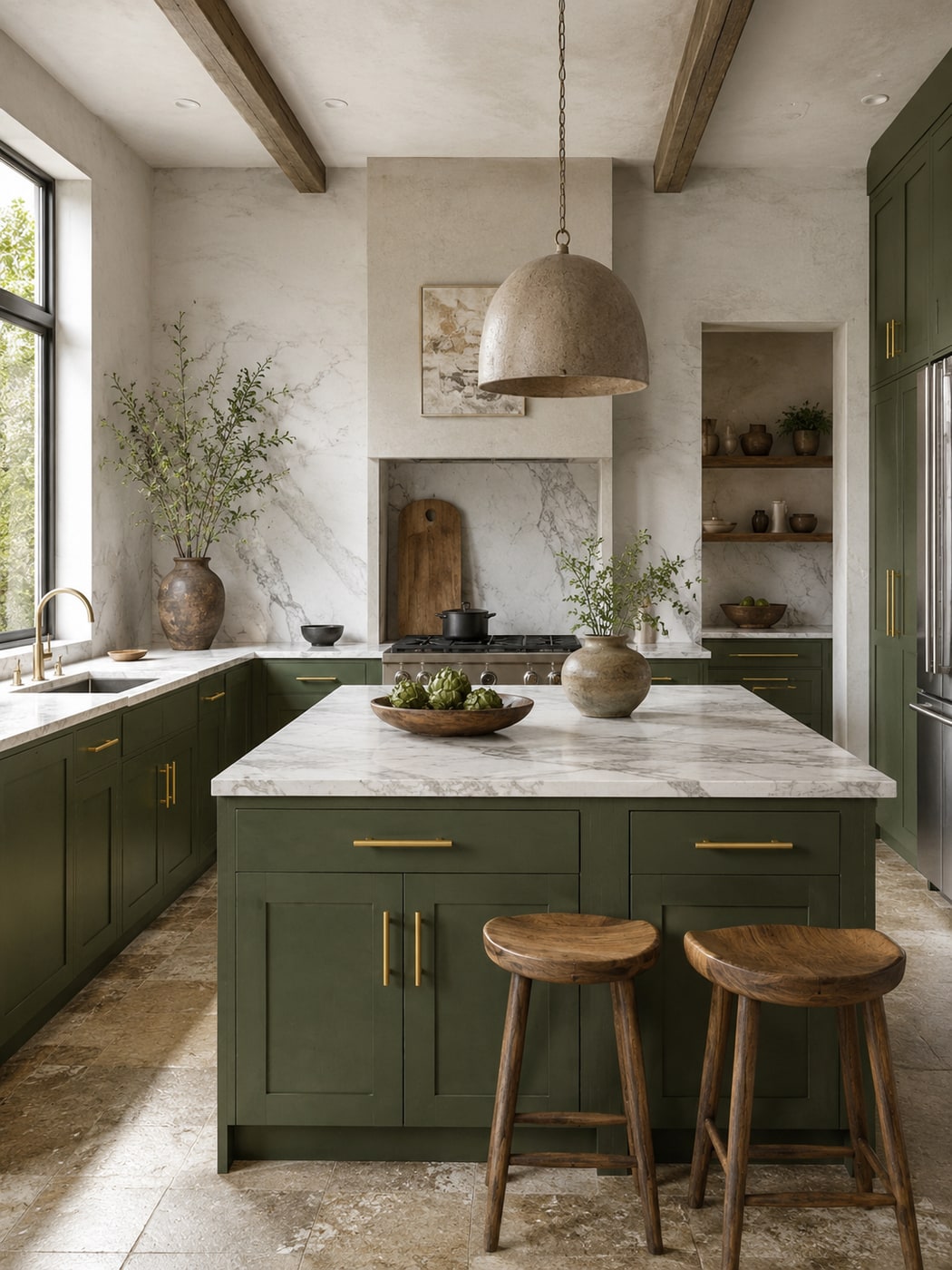 Modern white and gray marble kitchen with brass hardware, matte cabinets, and large island