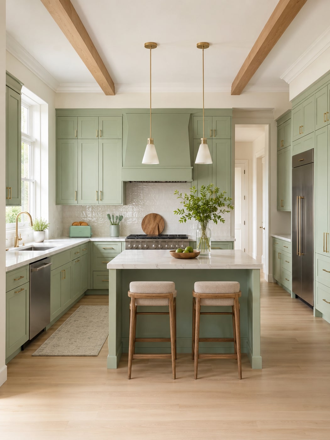 A Soft Modern Farmhouse Kitchen in Muted Sage and Brass