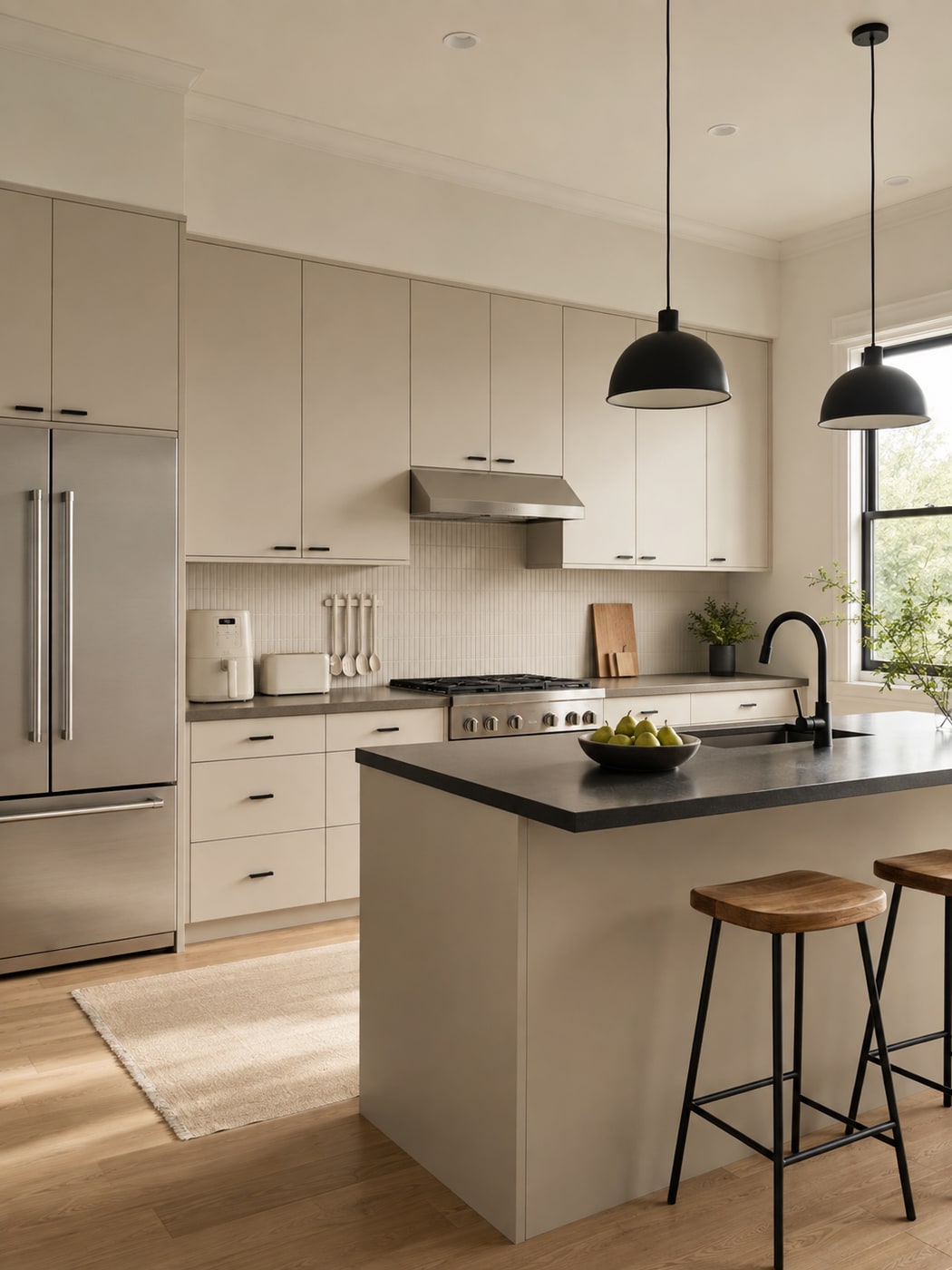 A Soft Modern Minimalist Kitchen with Warm Neutrals and Black Accents