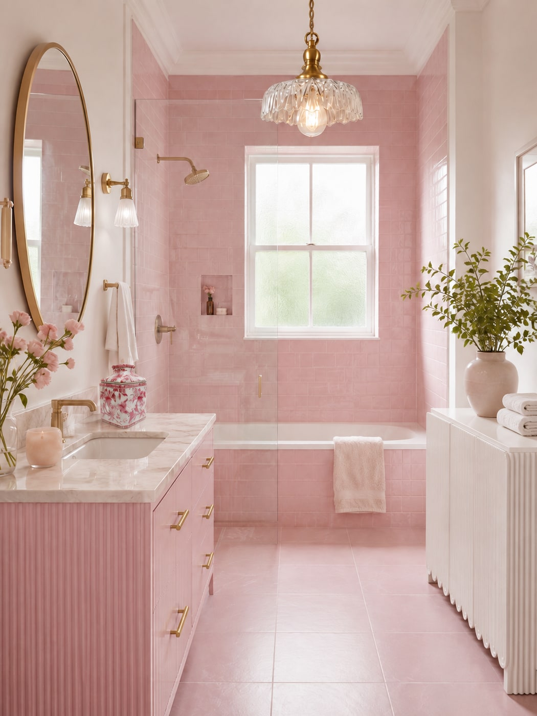 A Soft Modern Vintage Bathroom with Feminine Pink Elegance