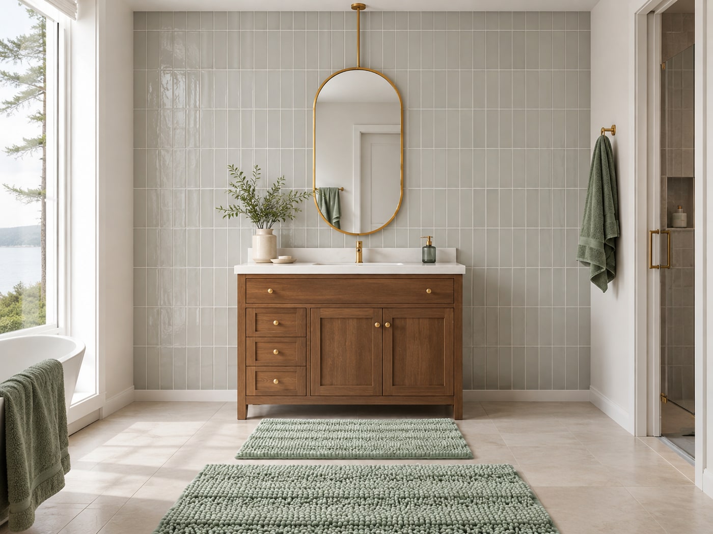 A Soft Organic Modern Bathroom with Warm Sage and Wood