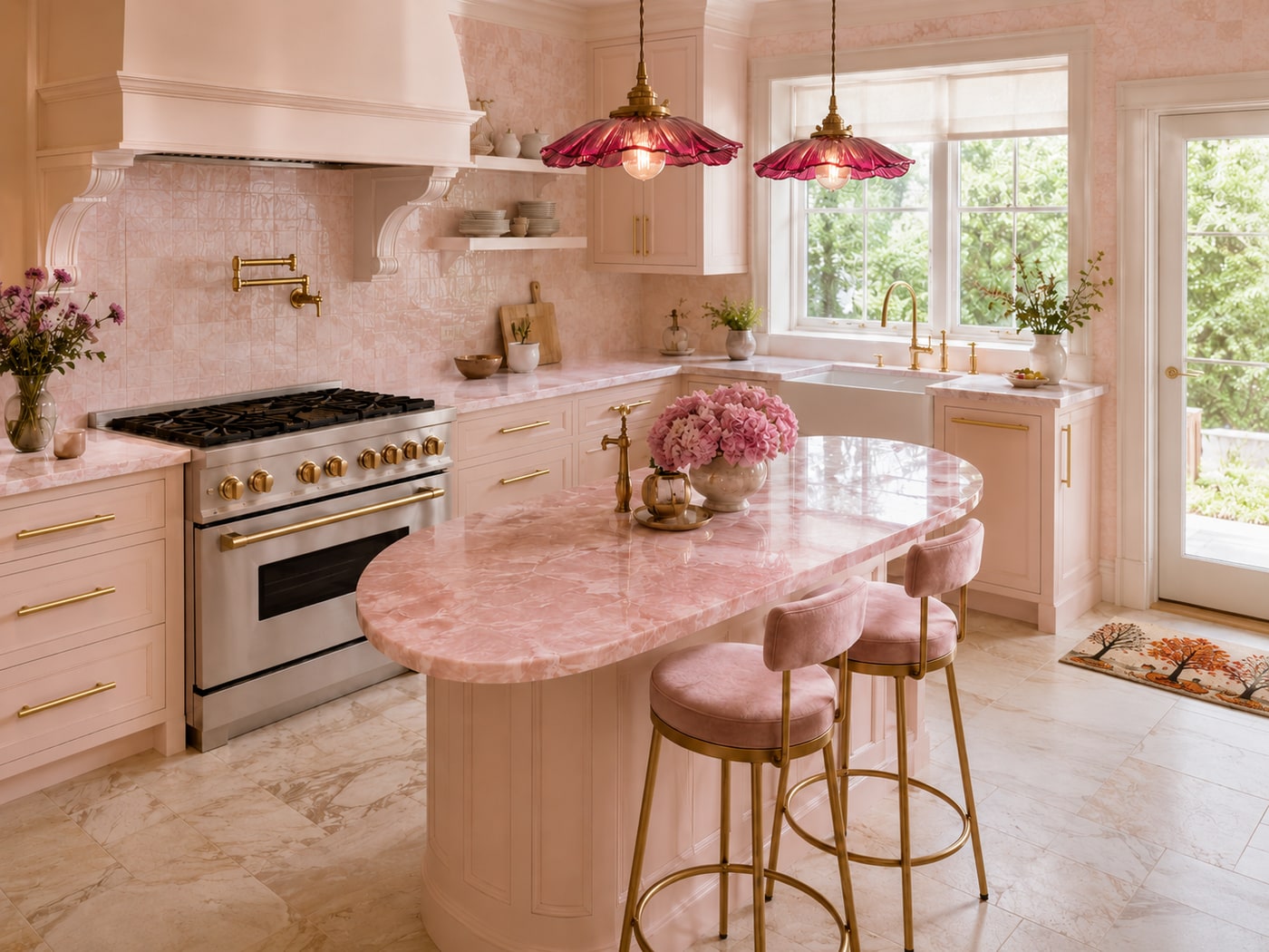 A Soft Pink Modern Glam Kitchen with Luxe Brass Details