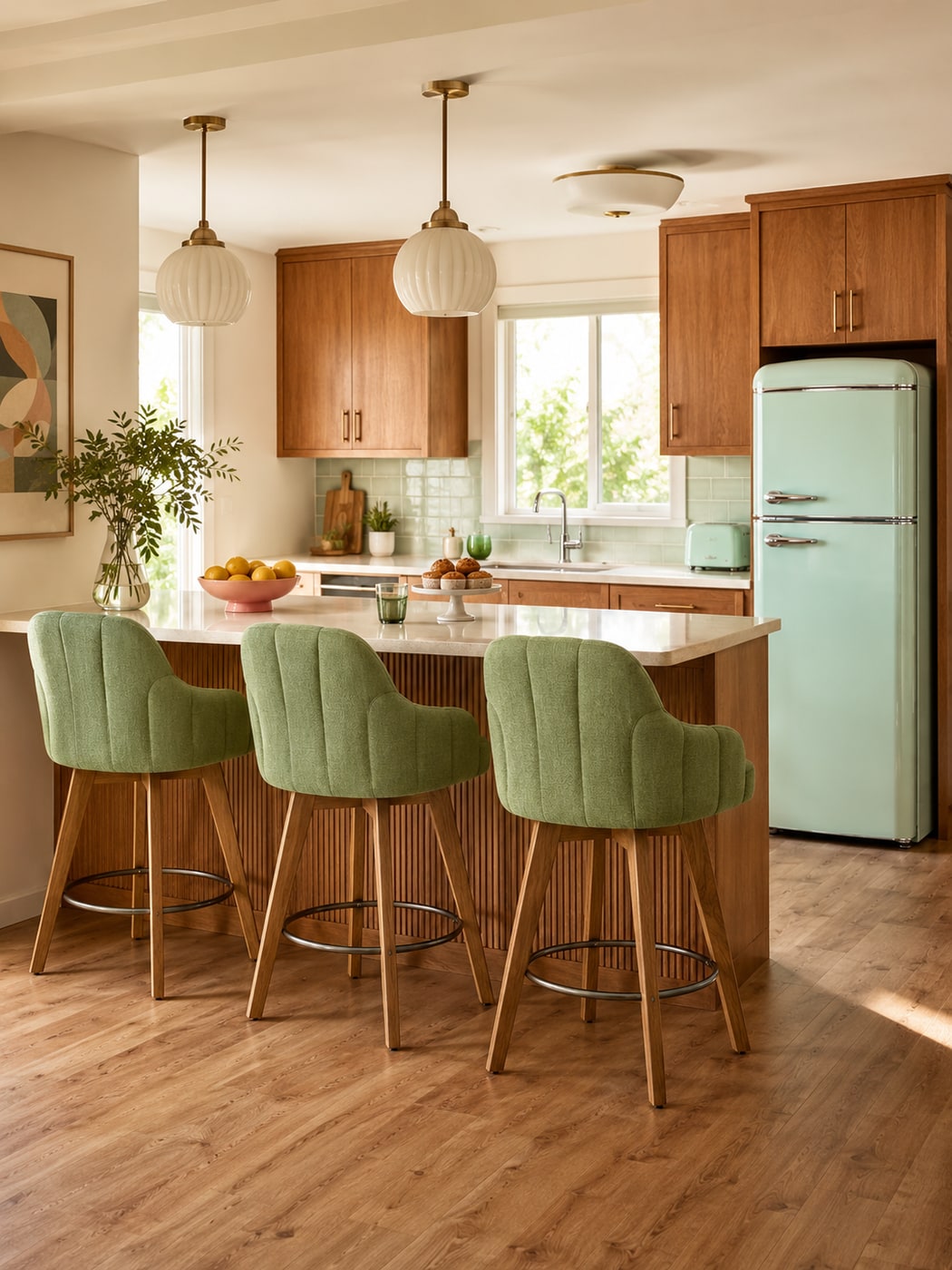 Soft retro modern kitchen featuring sage green bar stools, fluted wood cabinetry, and pastel green retro refrigerator with matching toaster.