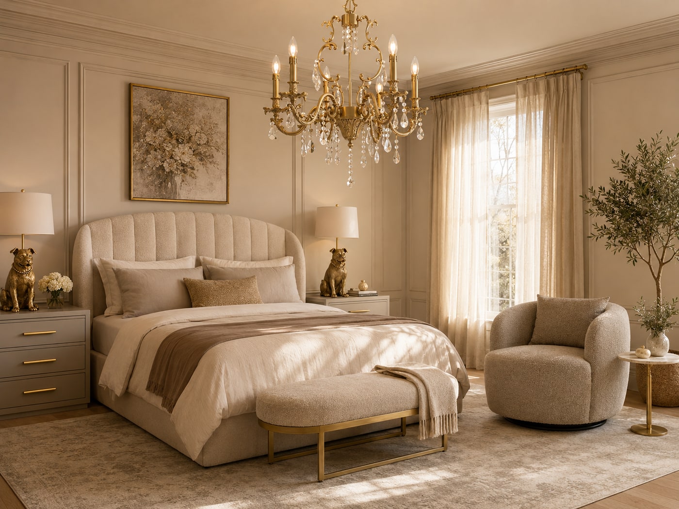 A Soft Transitional Glam Bedroom with Creamy Taupes and Antique Gold