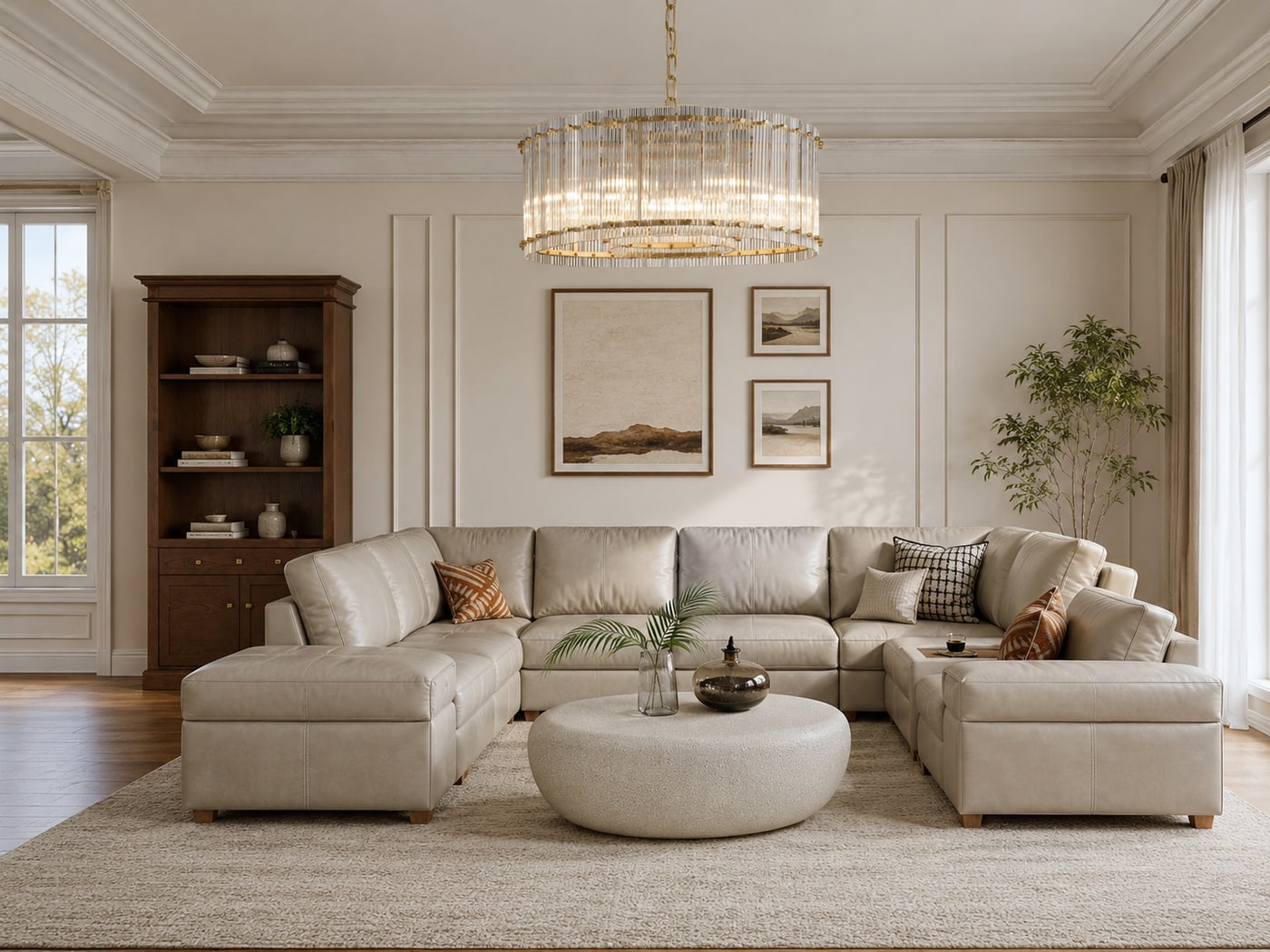 A Soft Transitional Modern Living Room in Greige and Warm Wood
