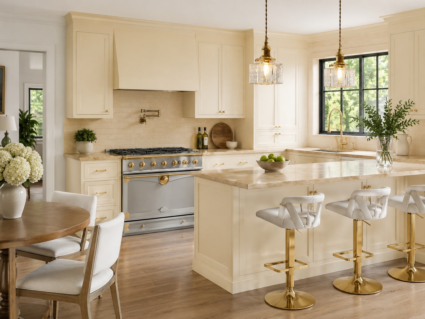 A Sophisticated Modern Classic French Kitchen in Cream and Brass