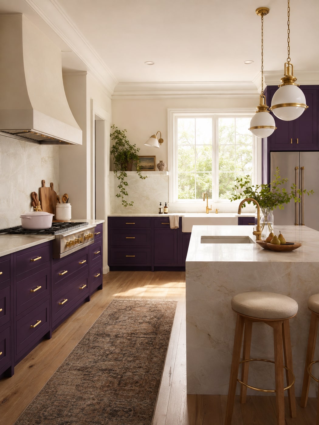 A Sophisticated Modern Classic Kitchen with Plum Cabinets and Brass