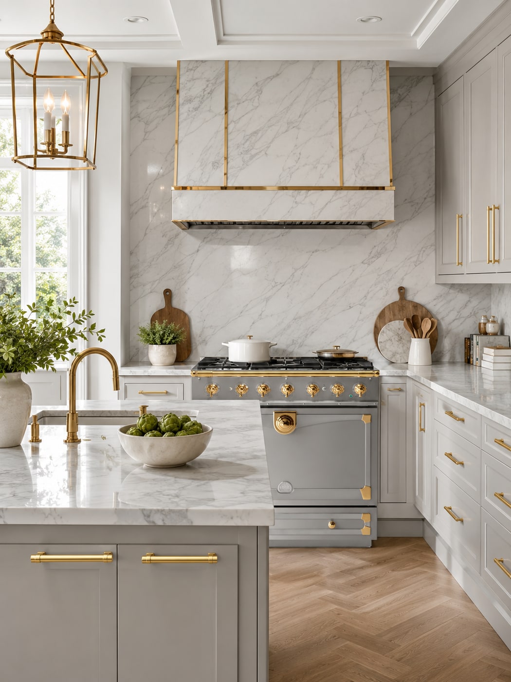 Modern French-inspired kitchen with polished brass cabinet handles, grey cabinetry, white and grey marble backsplash, and a stainless steel range with brass details.