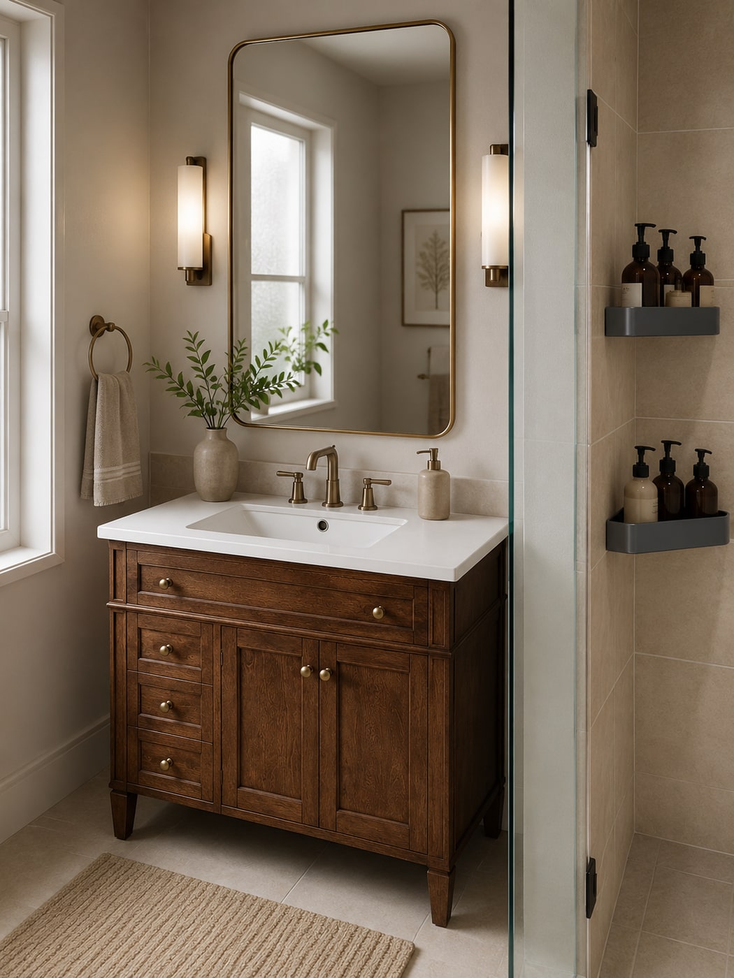 A Streamlined Modern Contemporary Bathroom with Warm Wood and Grey Metal