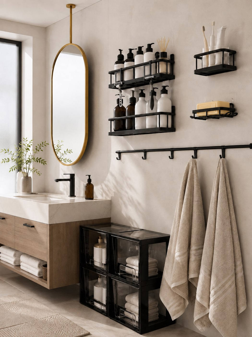A Streamlined Modern Minimalist Industrial Bathroom with Purposeful Storage