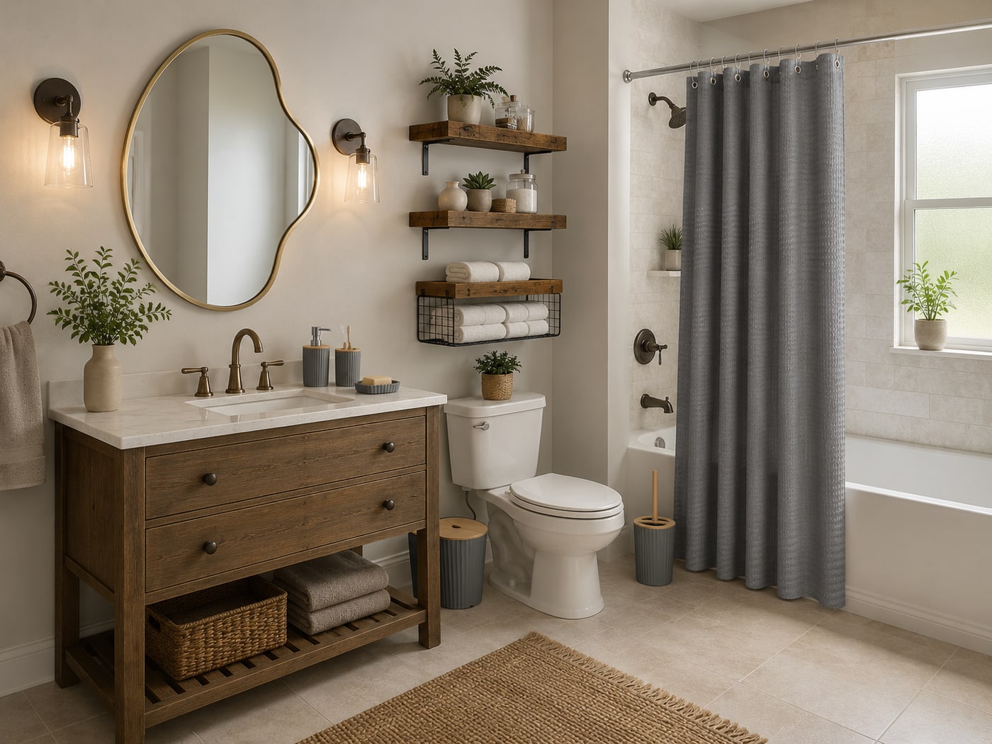A Warm Casual Organic Farmhouse Bathroom with Brass and Bamboo