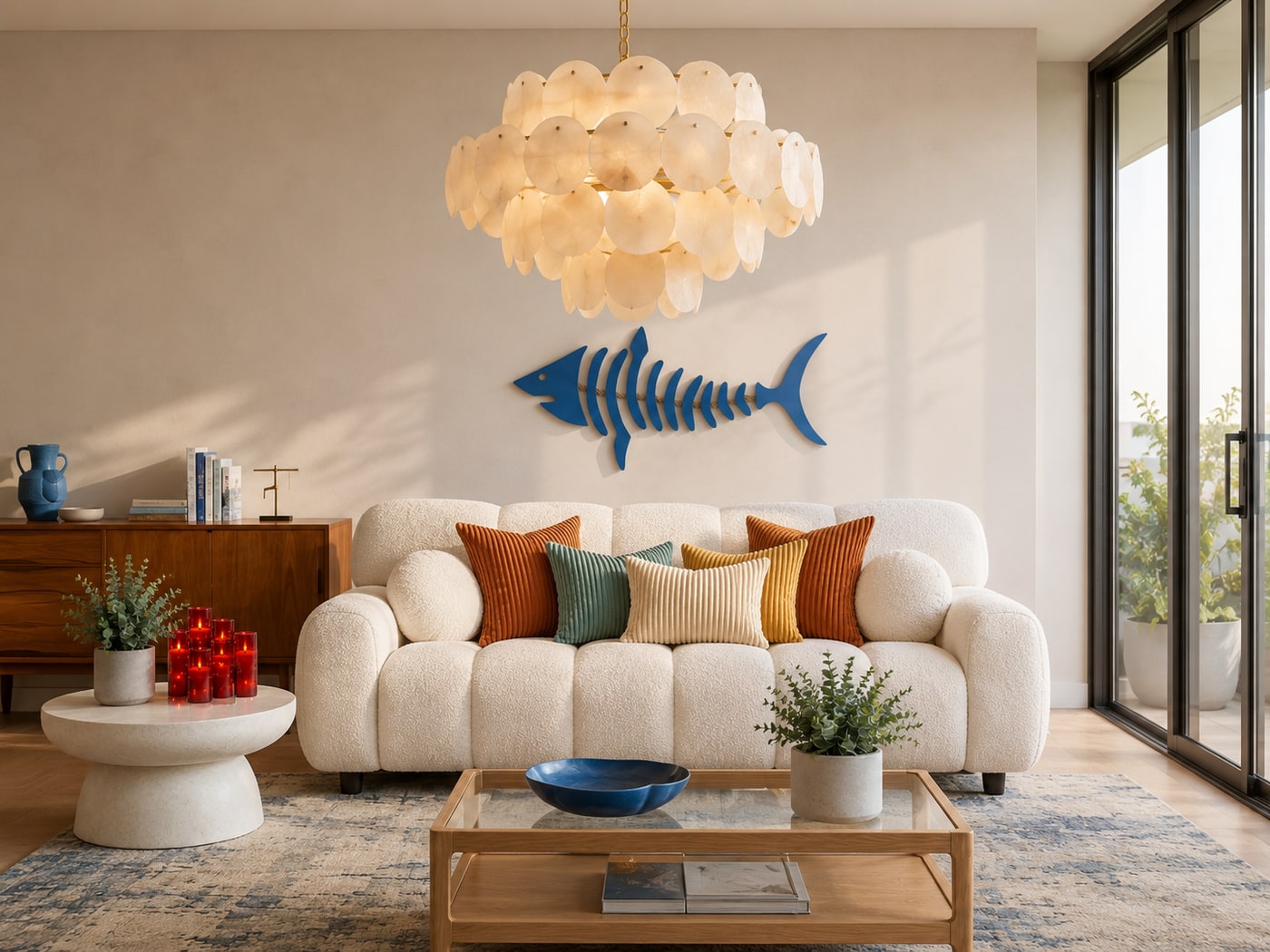 Warm coastal modern living room featuring a cream boucle sofa, graphic blue wall art, corduroy pillows in autumnal tones, and soft candle lighting.