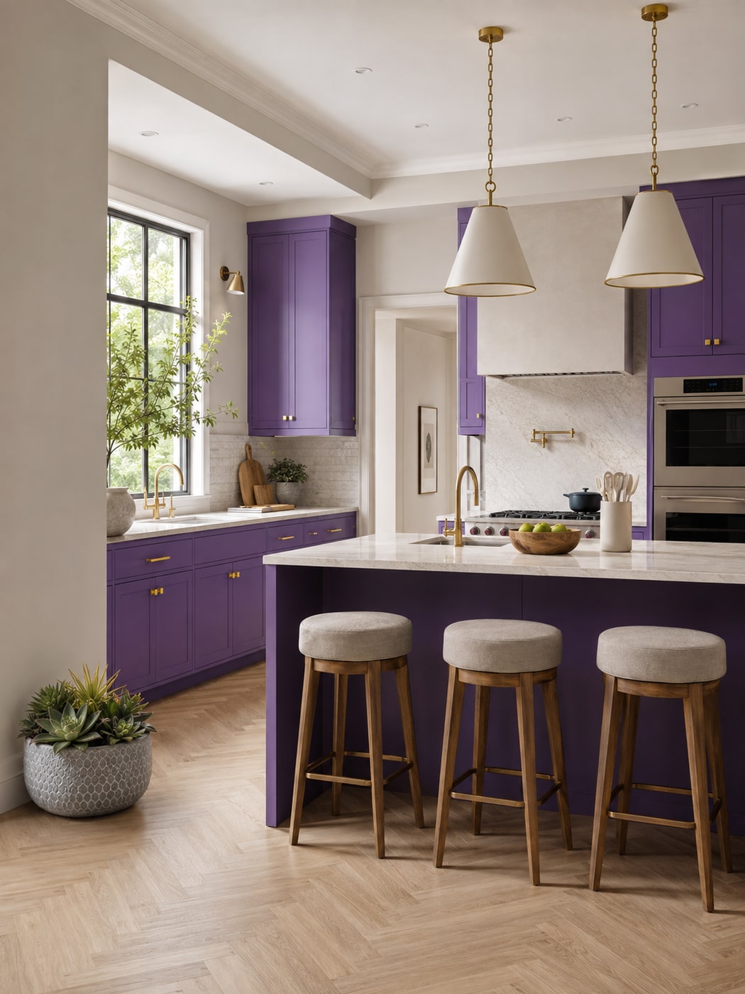 A Warm Contemporary Kitchen with Bold Purple Cabinets