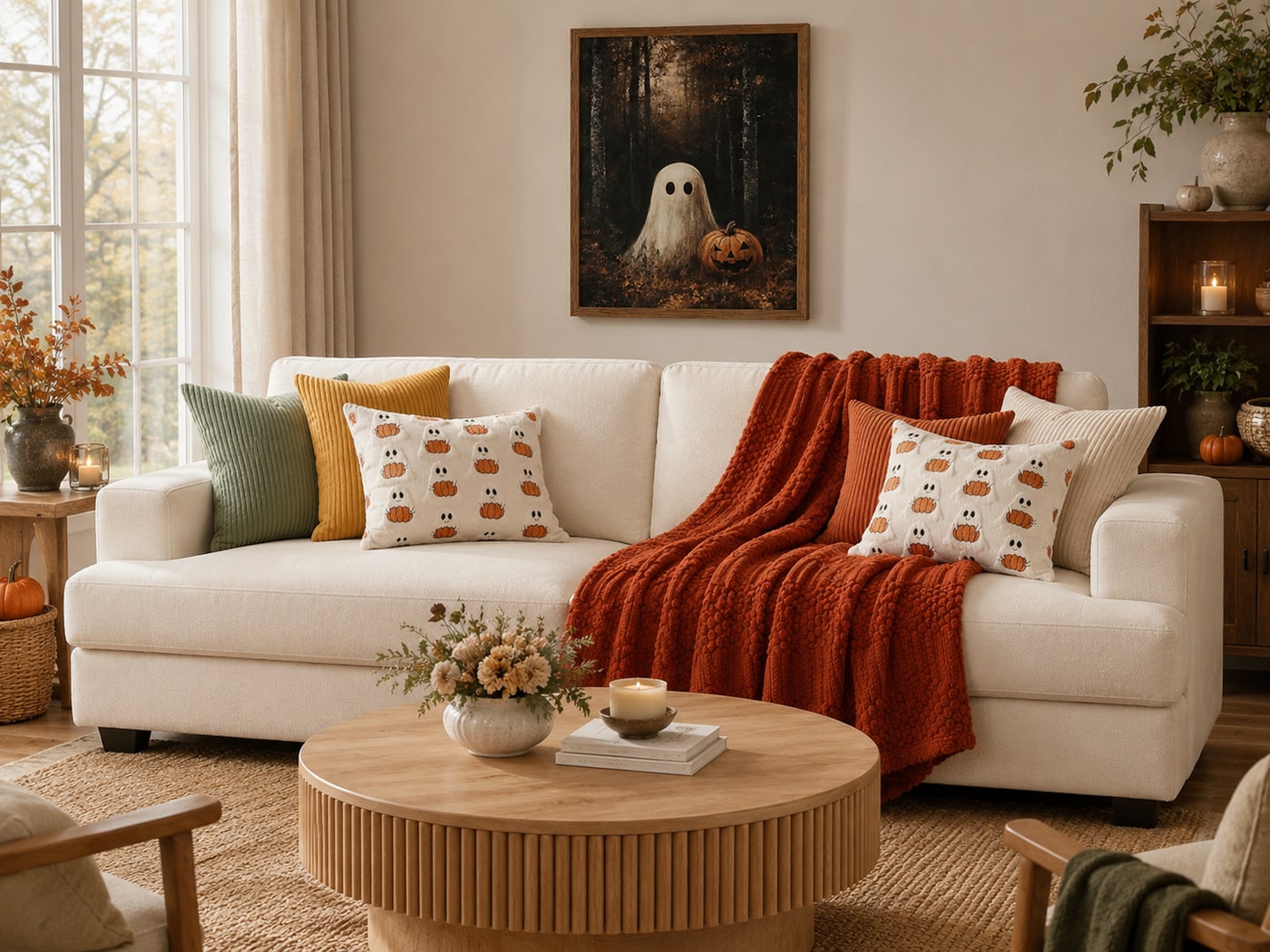 Inviting farmhouse living room with a soft cream chenille sofa, rust and pumpkin pillows, cozy fleece throw, round wood coffee table, woven baskets, and warm autumn accents.
