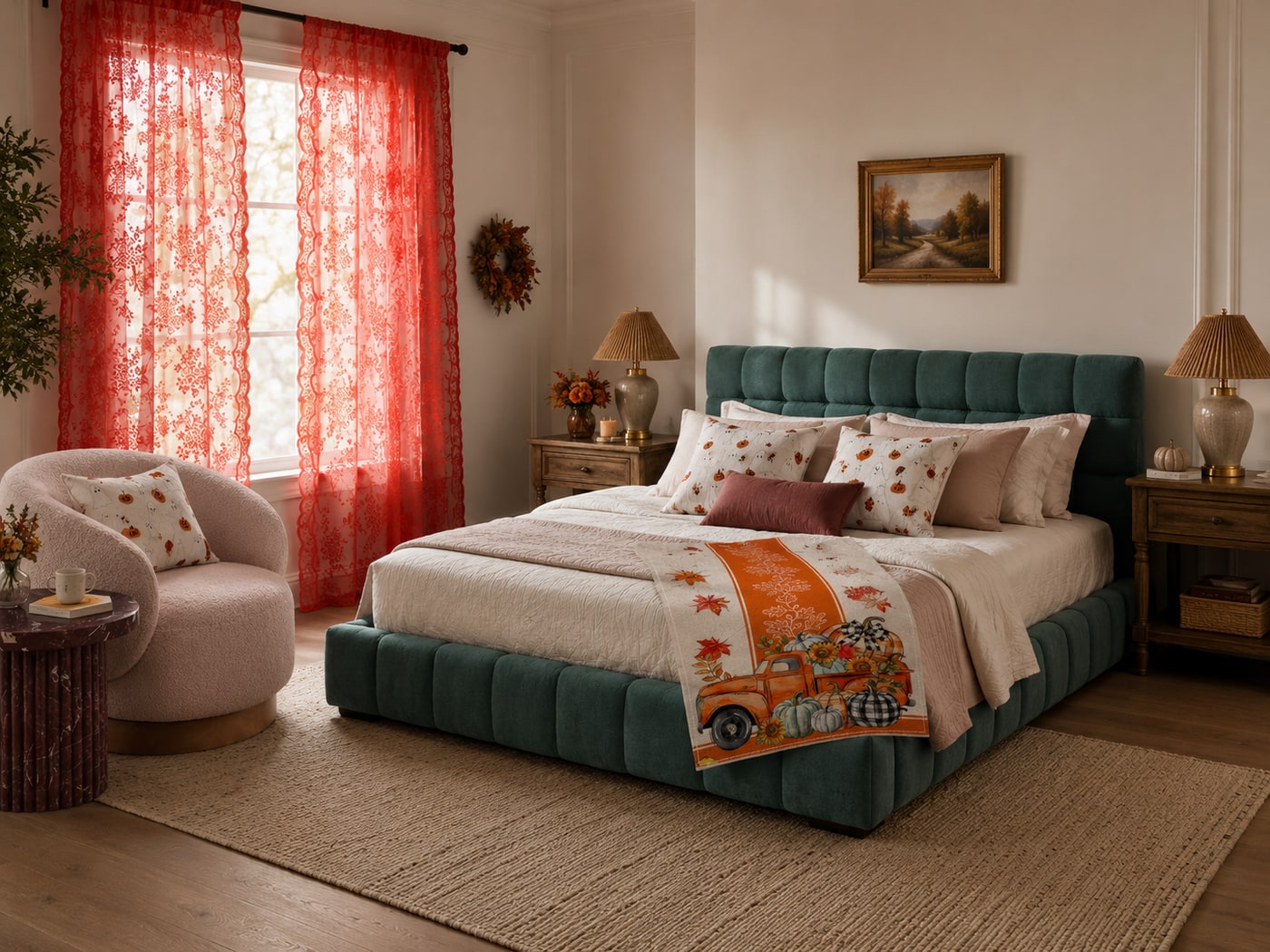 Cozy cottagecore bedroom with vintage lace curtains, blue-green chenille bed, pink swivel chair, marble side table, and autumn-inspired decor accents.