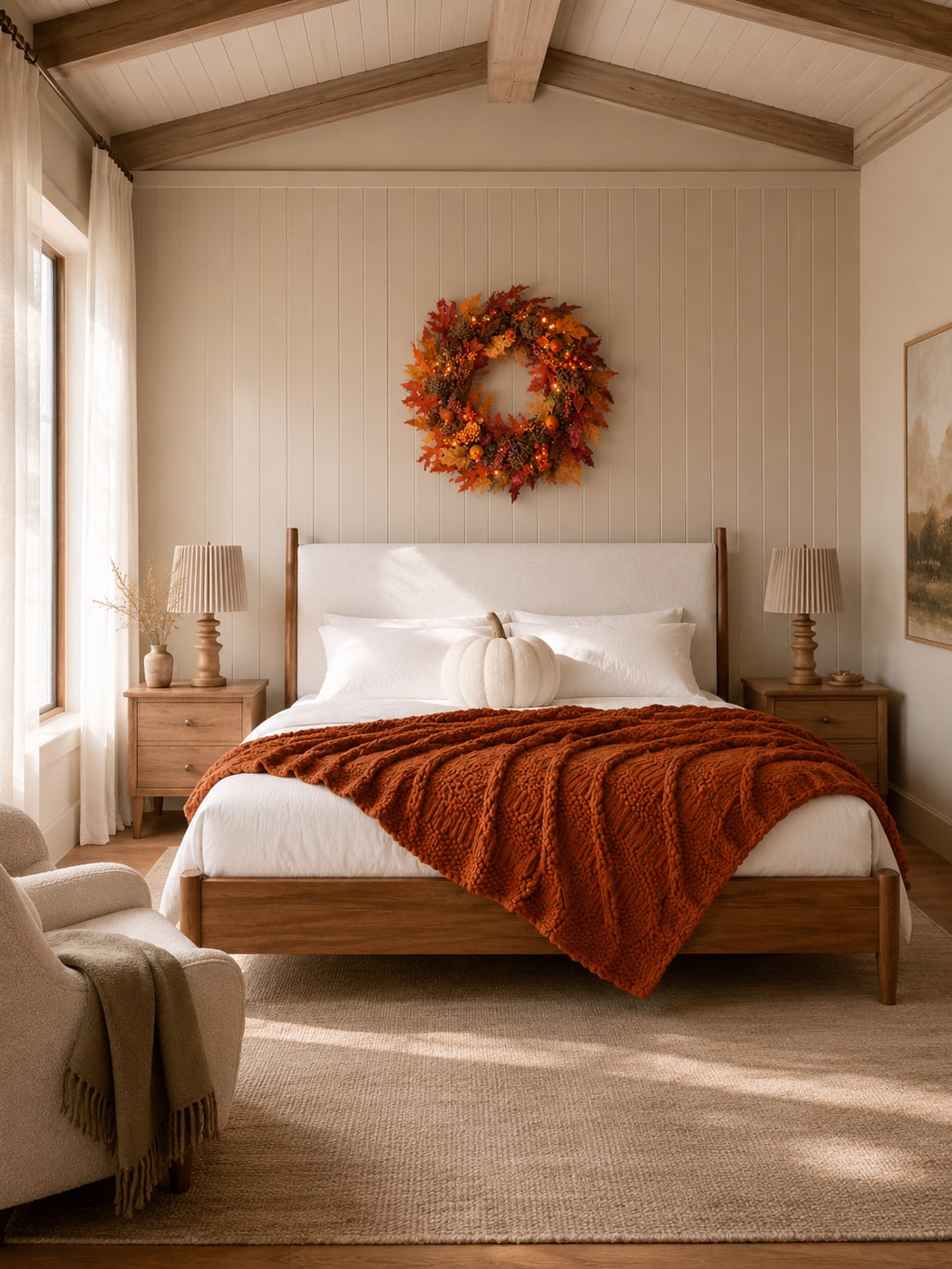 A cozy fall bedroom with a cream upholstered bed, burnt orange fleece throw, white pumpkin pillow, prelit autumn wreath, and warm wood bedside lamps.