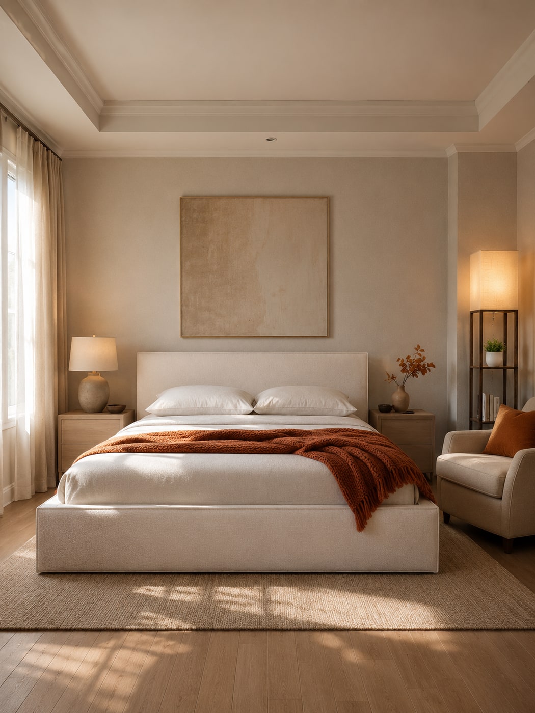 A cozy fall bedroom with a beige upholstered bed, burnt orange throw blanket and pillow, natural wood nightstands, and soft layered lighting.