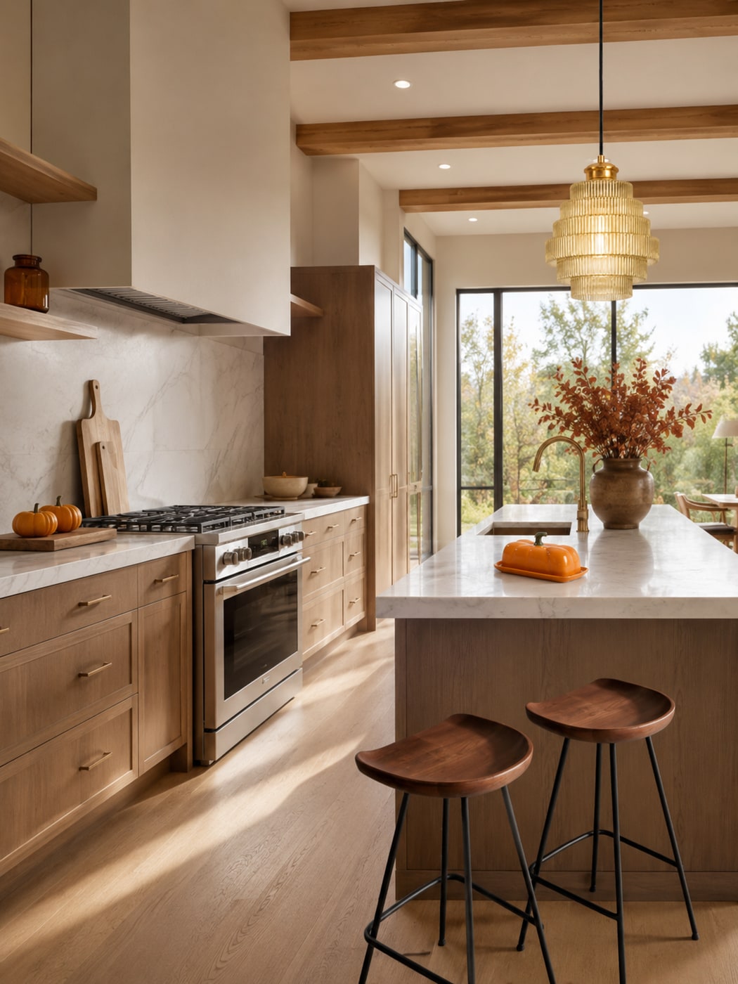 Warm fall kitchen with walnut stools, brass hardware, an orange ceramic pumpkin butter dish, and a glowing yellow ribbed glass pendant