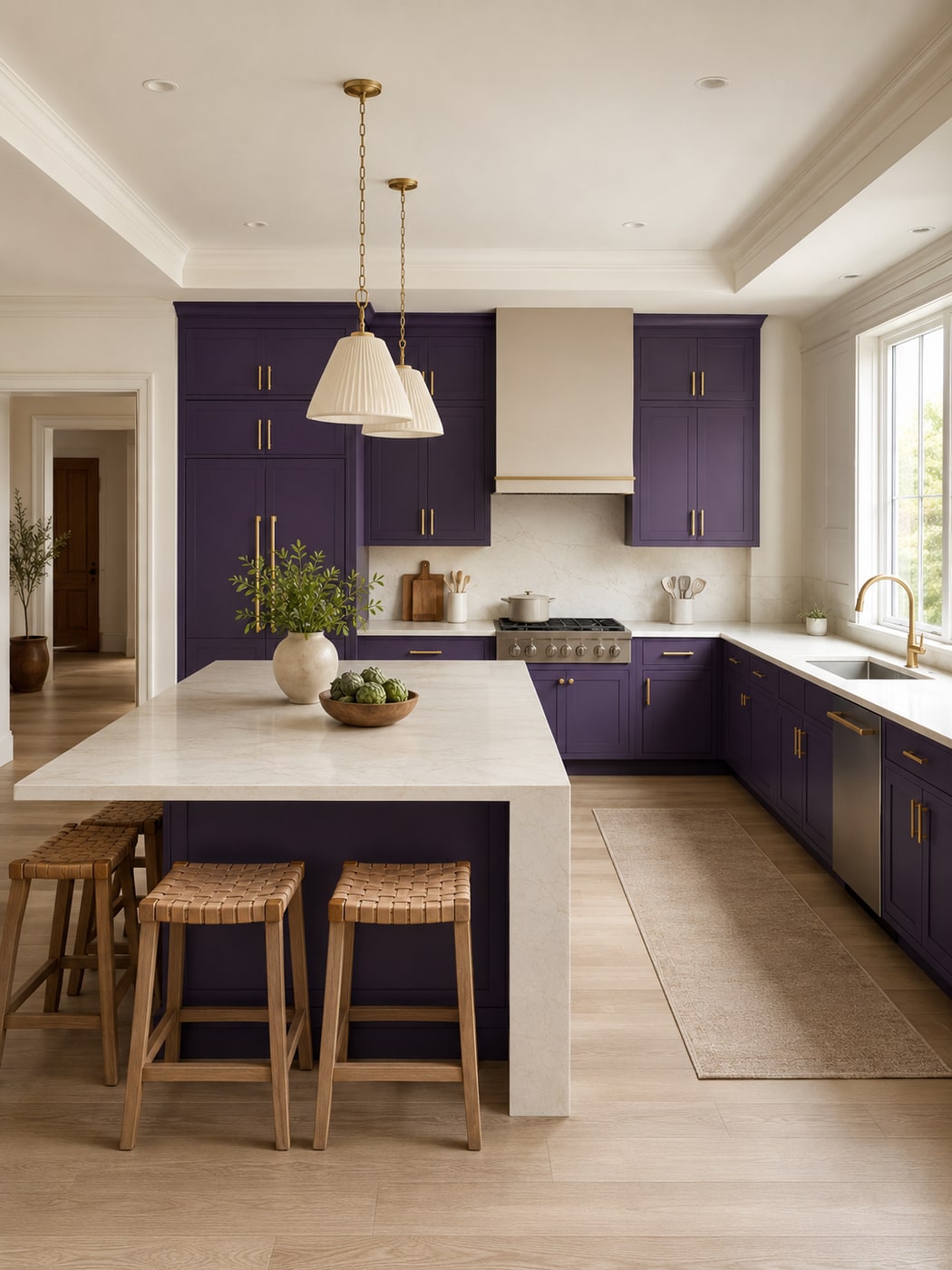 A Warm Modern Classic Kitchen with Violet Cabinets and Gold Accents