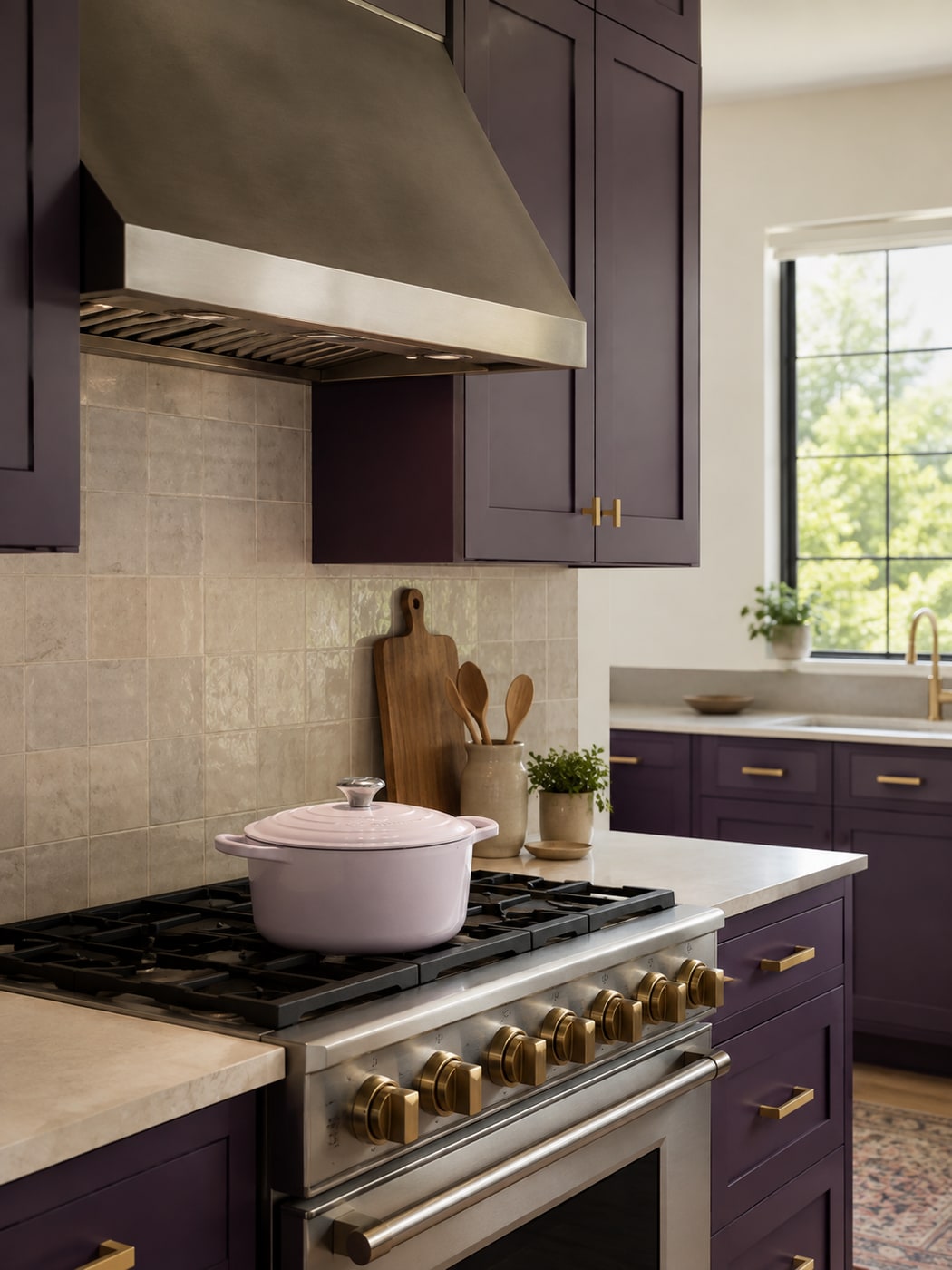 A Warm Modern Eclectic Kitchen with Deep Purple and Gold