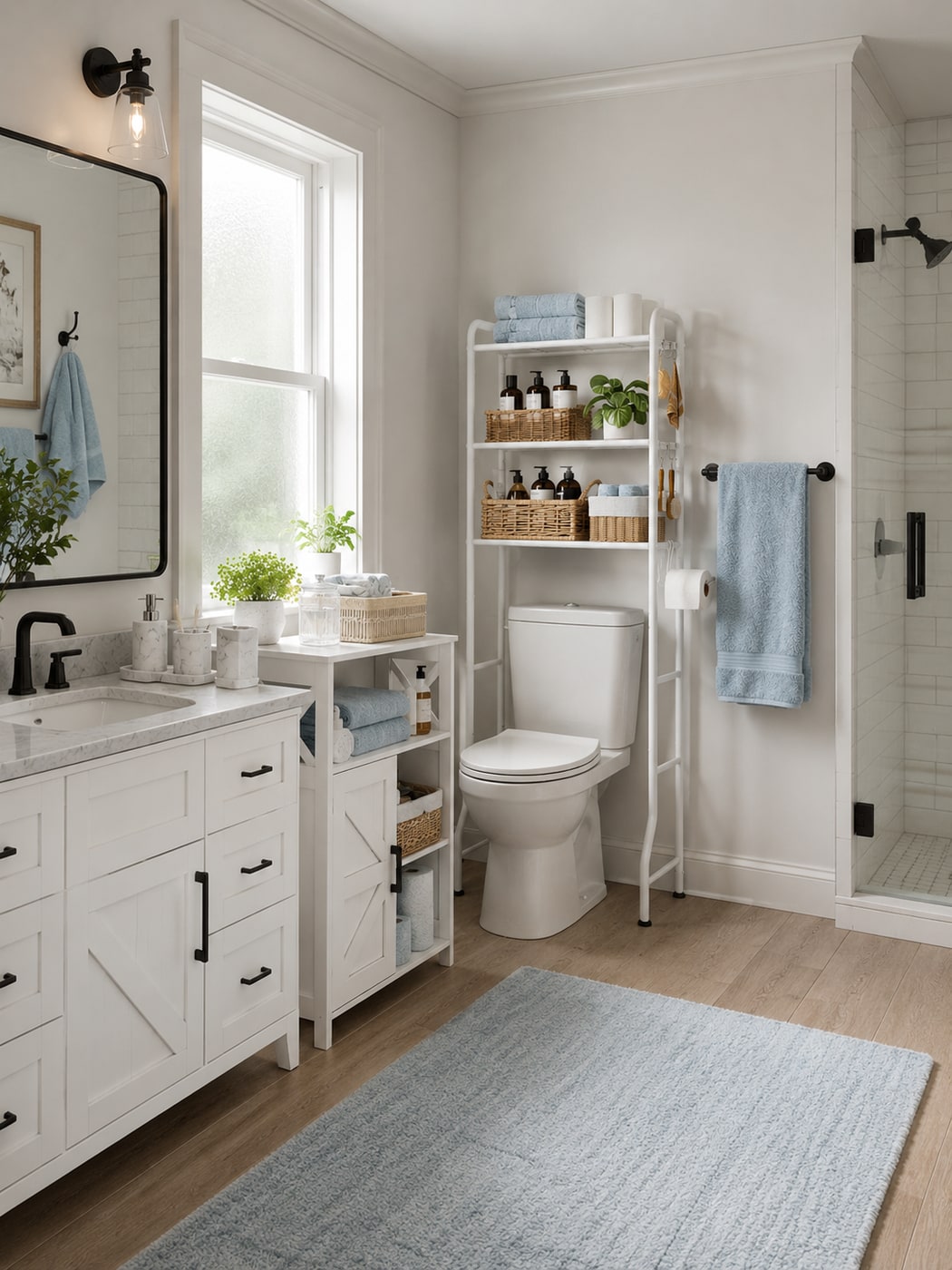 A Warm Modern Farmhouse Bathroom with Practical Elegance
