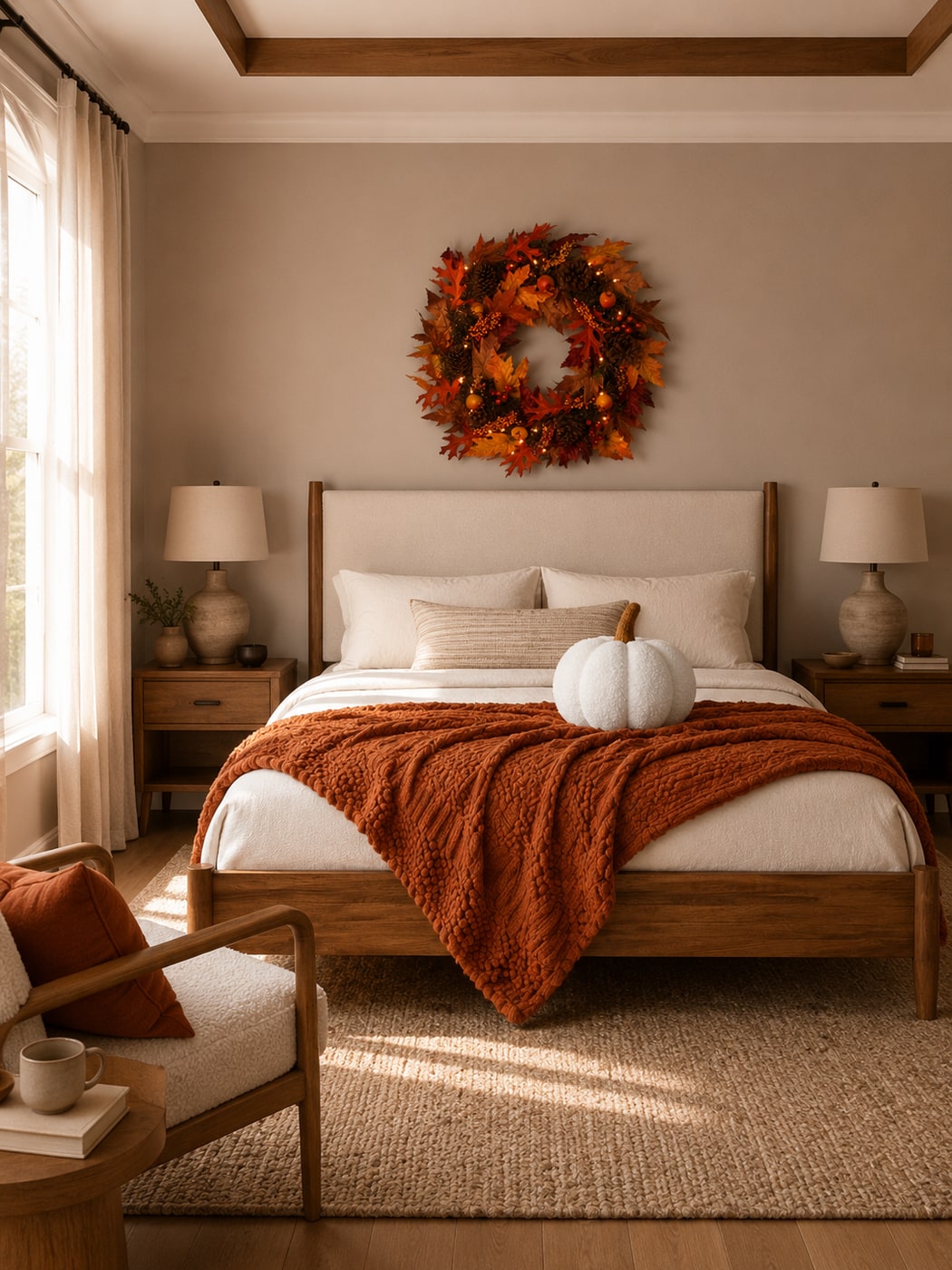 A modern farmhouse bedroom with a beige bouclé upholstered bed, rust-colored knit throw, white pumpkin pillows, prelit fall wreath, wood nightstands, and a jute rug