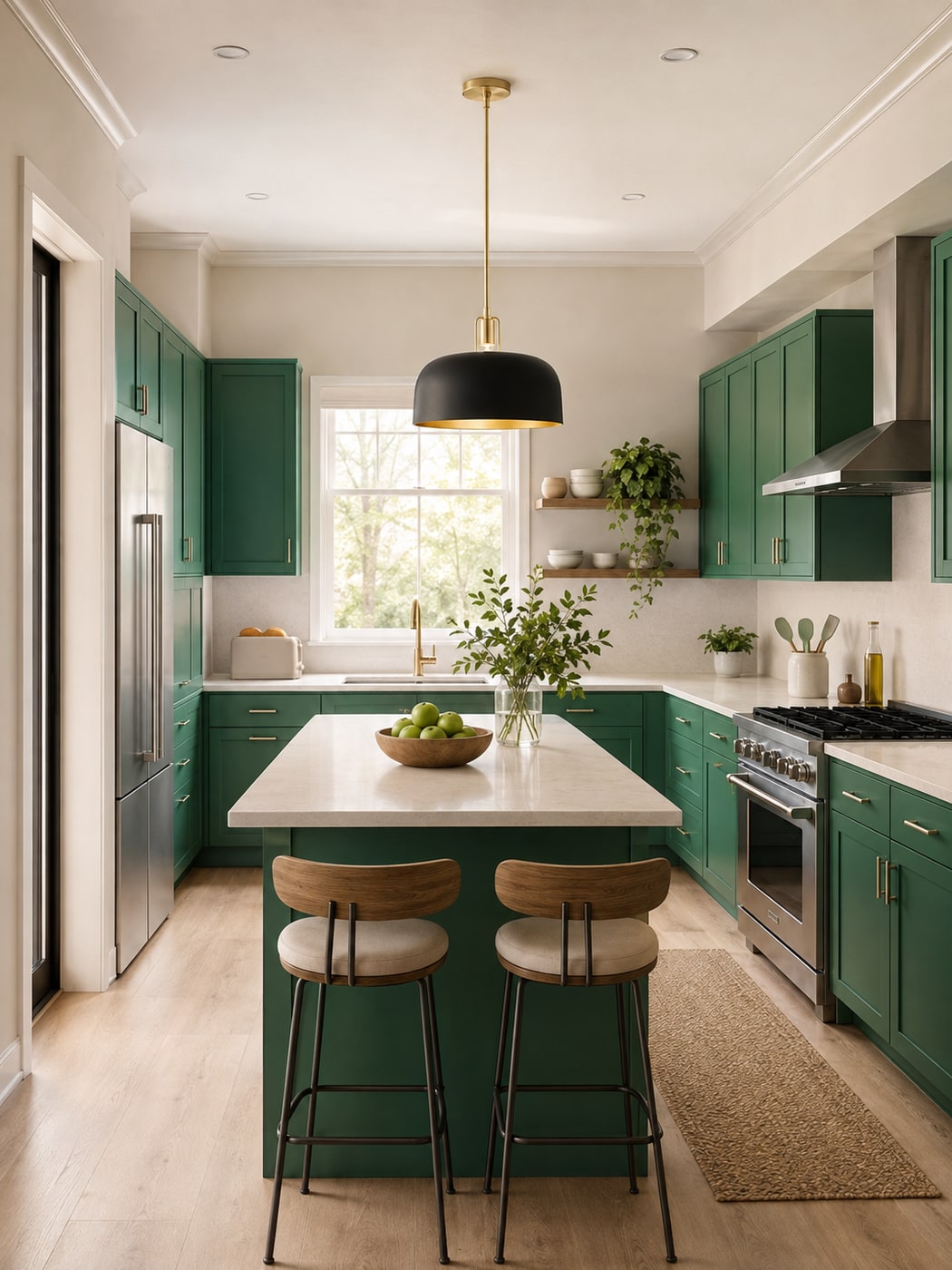 A Warm Modern Heritage Kitchen in Bold Green and Brass