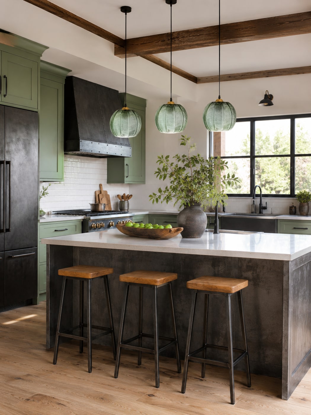 A Warm Modern Industrial Farmhouse Kitchen in Deep Green
