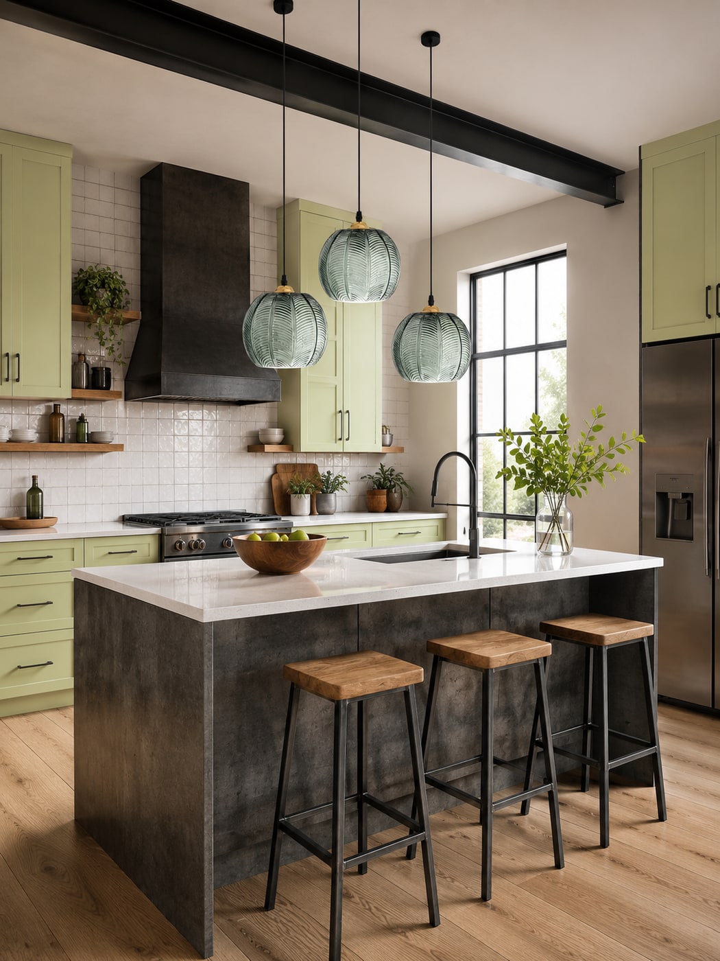 Modern kitchen with light matte green cabinets, a dark steel stove hood, oak floors, ribbed green glass pendant lights, and oak and steel industrial bar stools.
