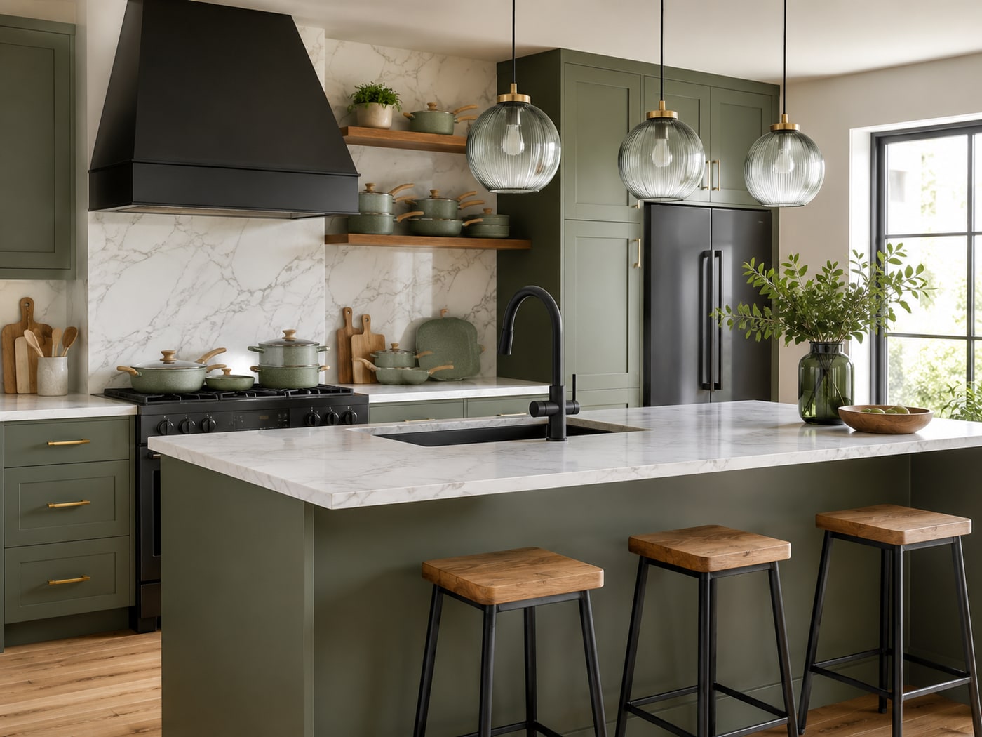 Contemporary kitchen with sage green cabinets, matte black faucet, ribbed glass green pendant lights, oak and steel bar stools, and marble counters.
