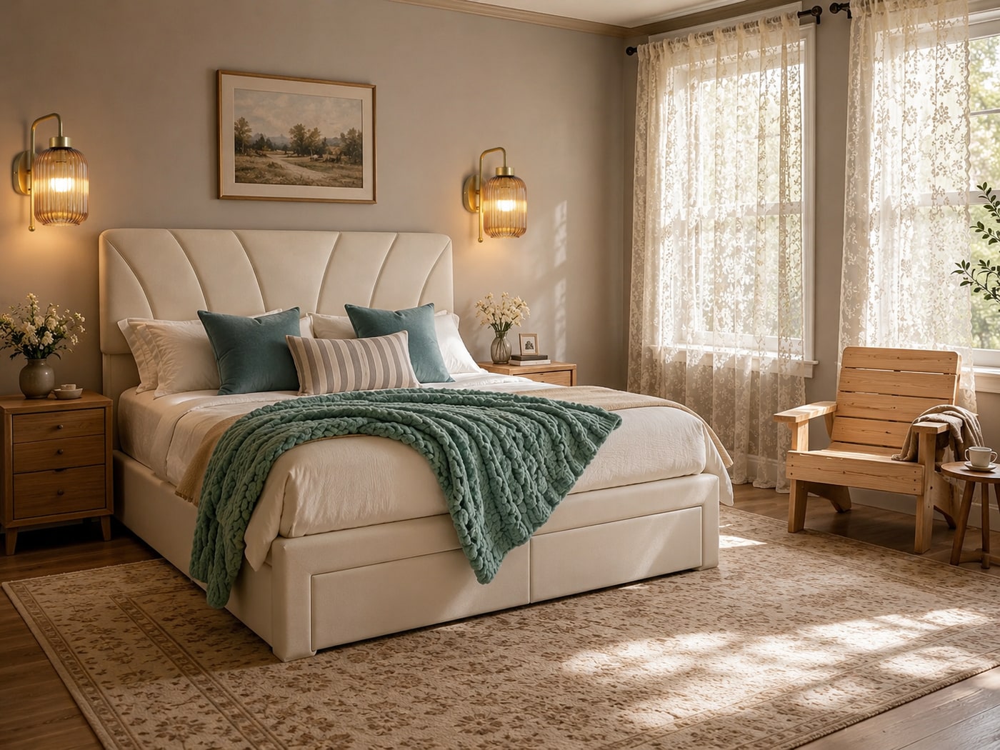 Warm modern vintage bedroom with beige velvet bed, gold glass sconces, lace curtains, blue velvet pillows, and rustic pine Adirondack chair
