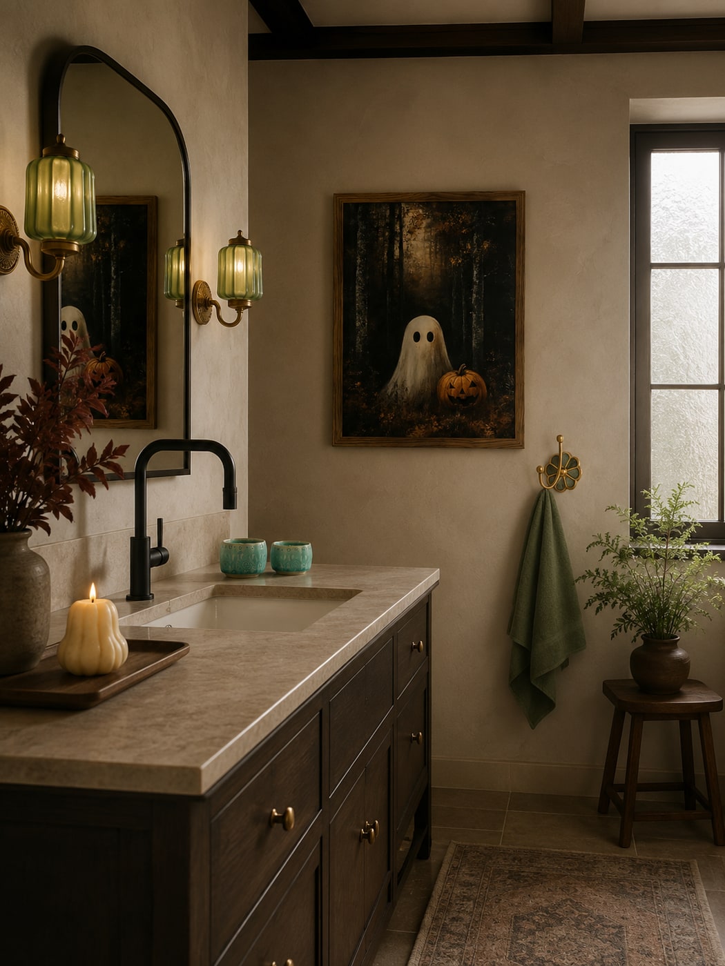 A Warm Organic Dark Academia Bathroom with Intimate Ambience