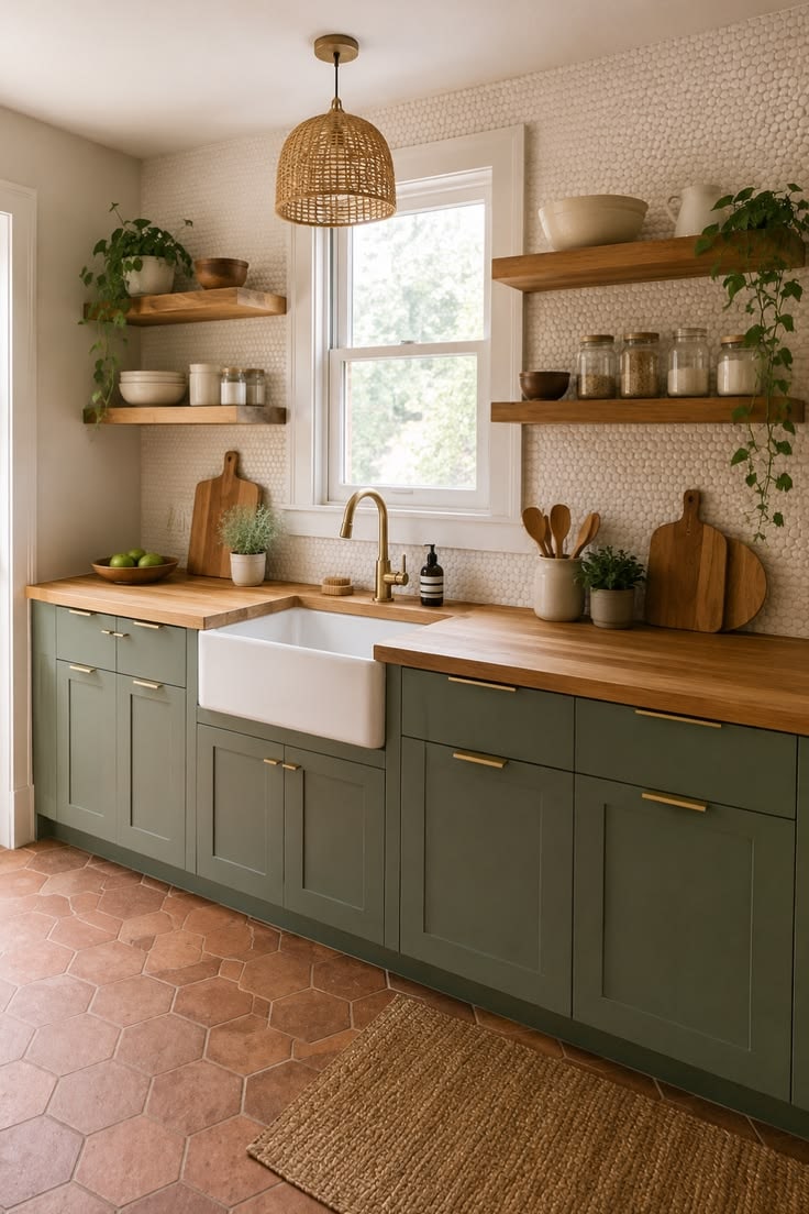 A Warm Organic Farmhouse Kitchen with Sage Cabinets and Wood Accents